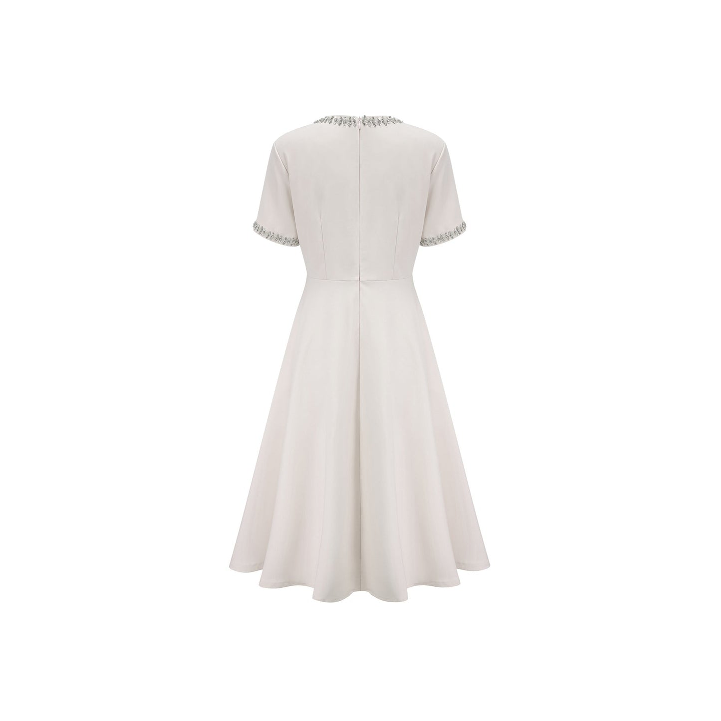 White midi dress with crystal accents and bow detail named Cassiopeia