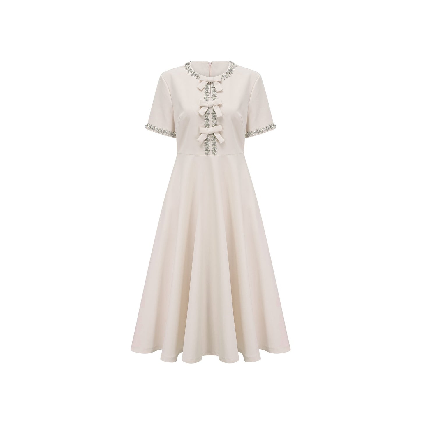 White midi dress with crystalaccented bow detail and Cassiopeia design