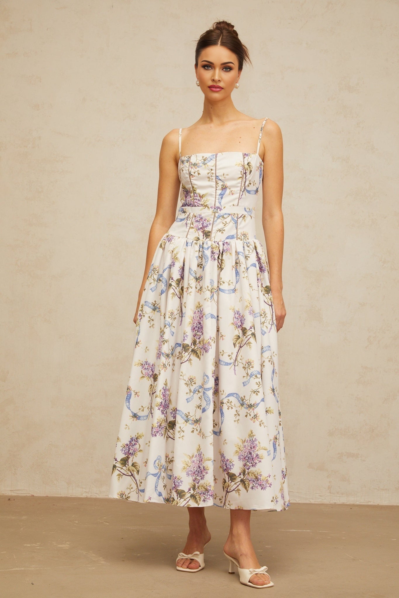 White midi dress with floral print pattern called Fleur