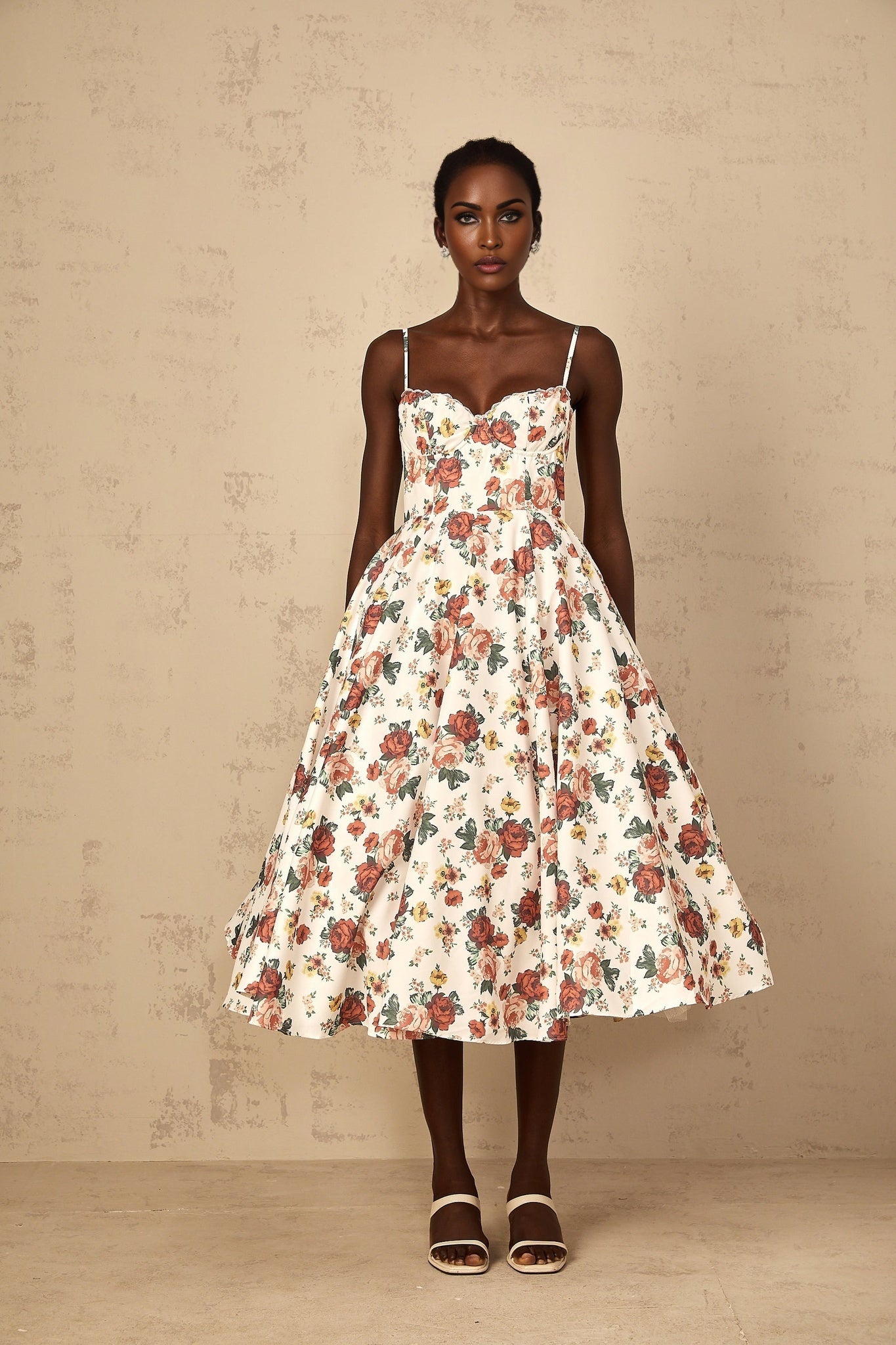 White midi dress with rose print pattern and flounced details for women