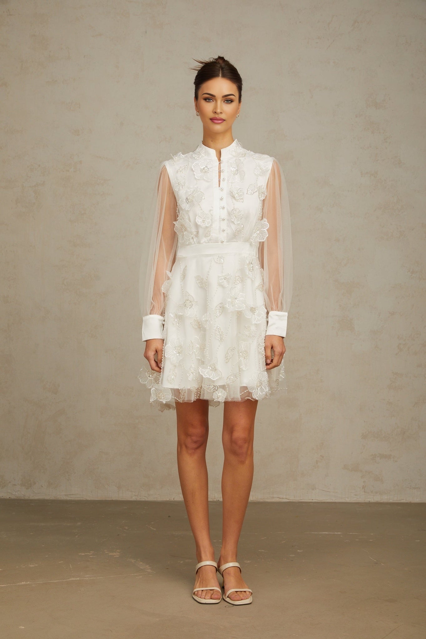White mini dress with 3D floral tulle petals and short skirt named Camille