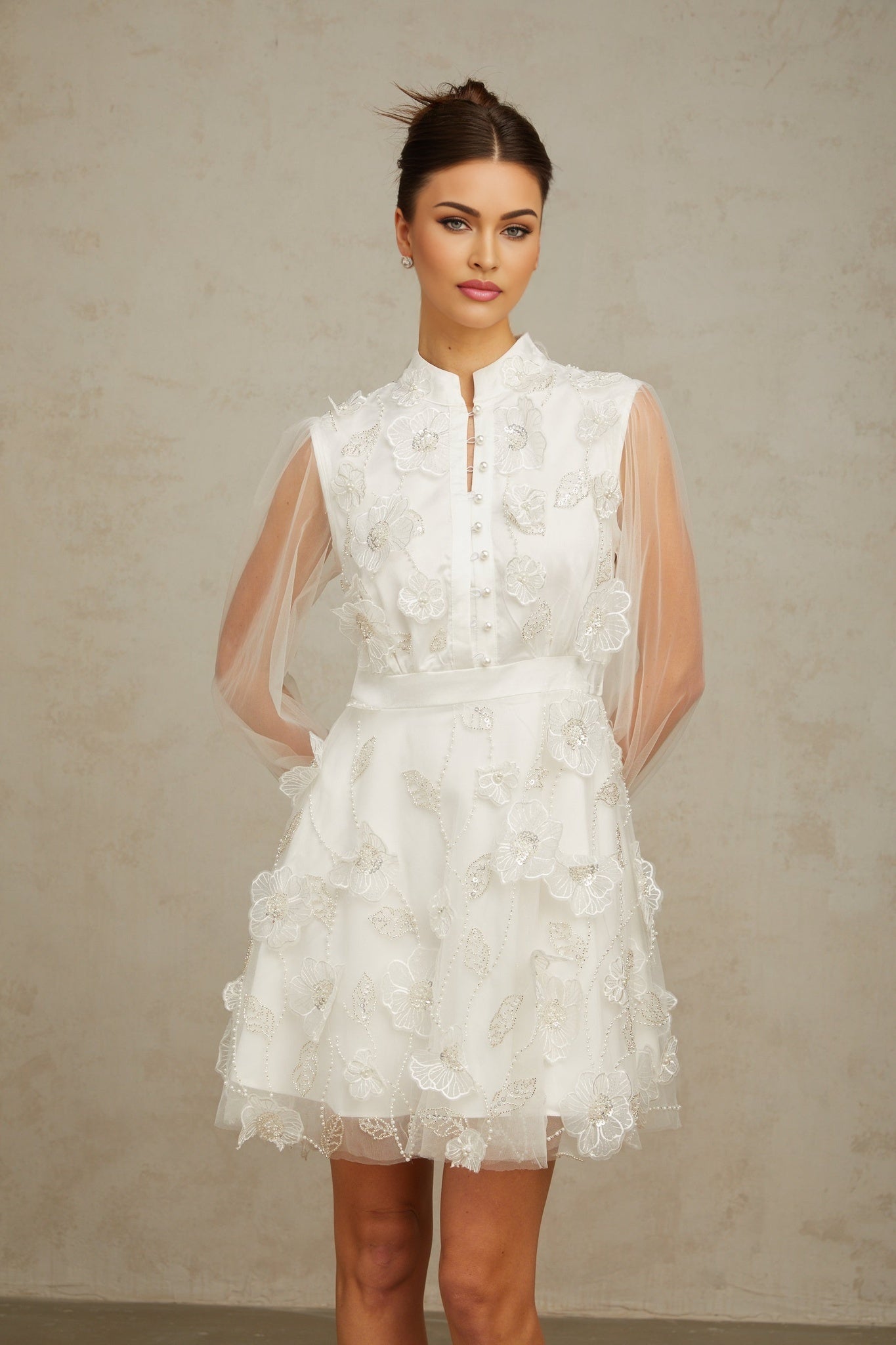 White mini dress with 3D tulle petals floral design short length sleeveless feminine style