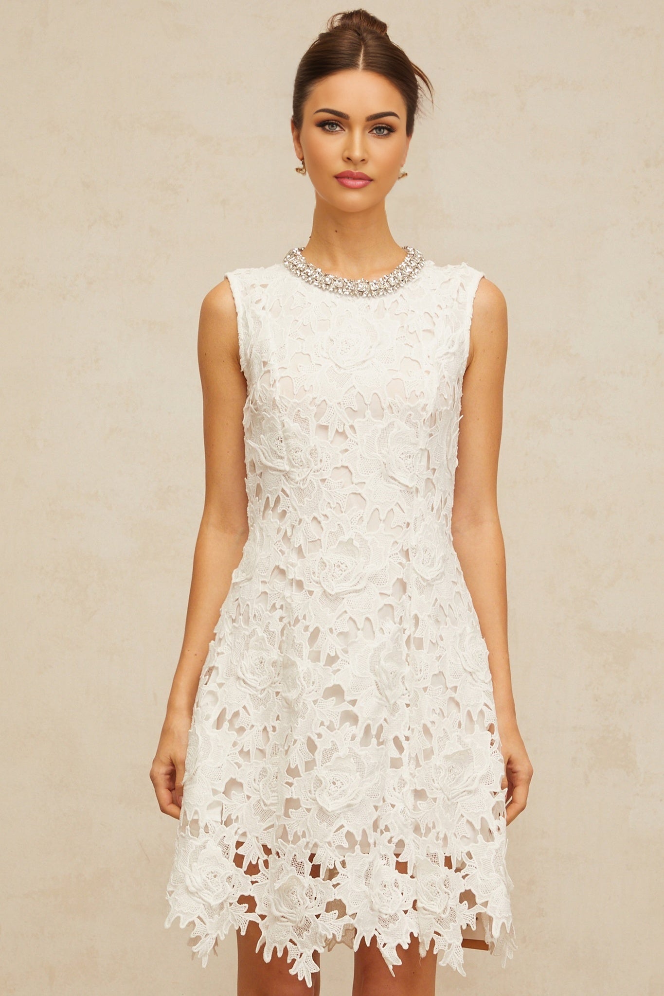 White mini dress with embellished corded lace design named Nolwenn