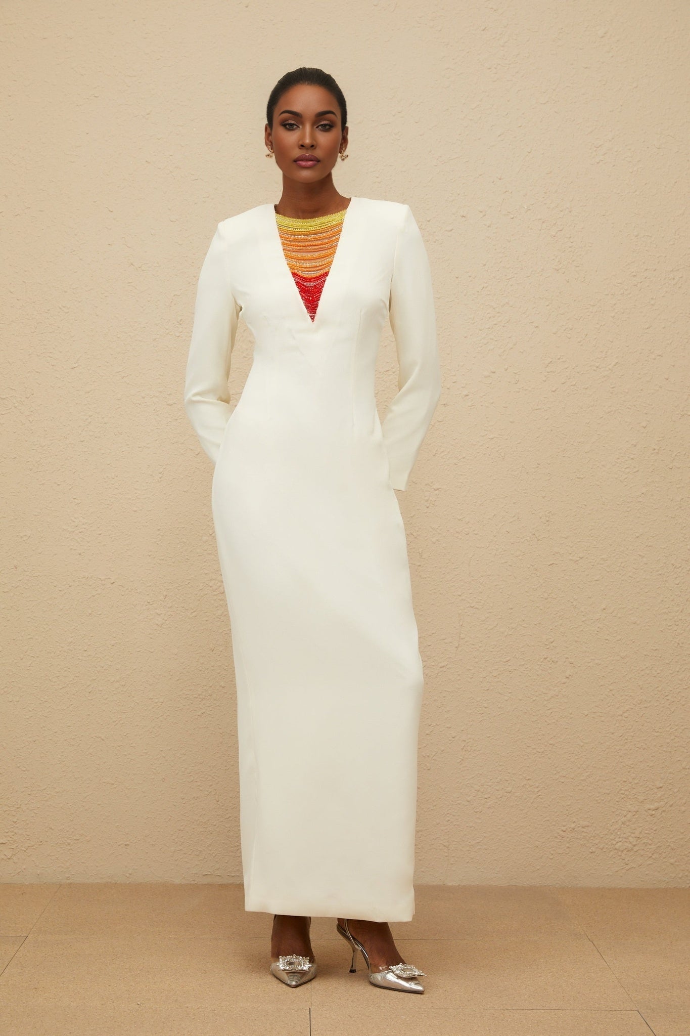 White and Multicolor Bead and Rhinestone Embellished Maxi Dress with Long Sleeves