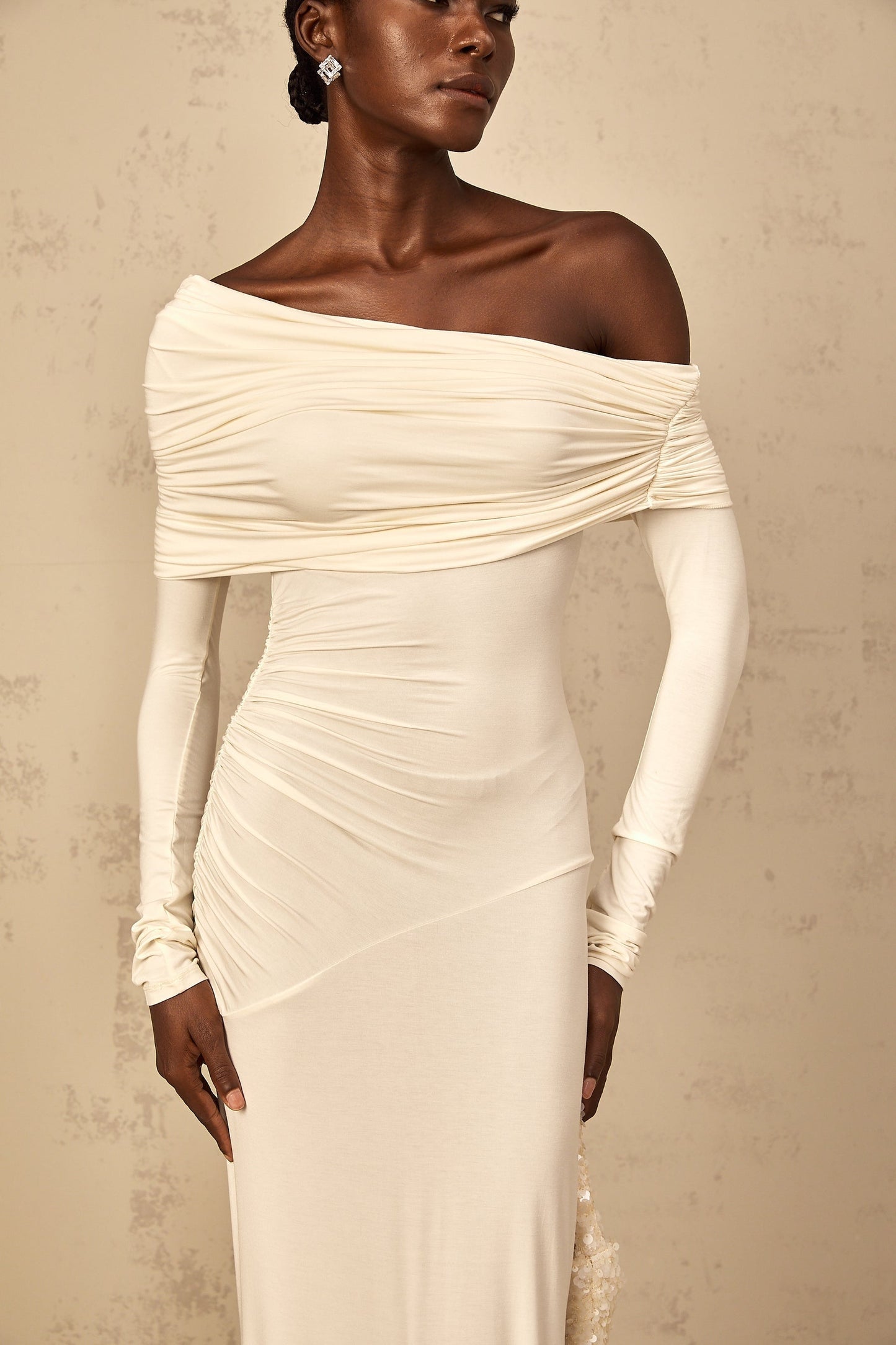 White off shoulder maxi dress with ruched details for women named Delphine