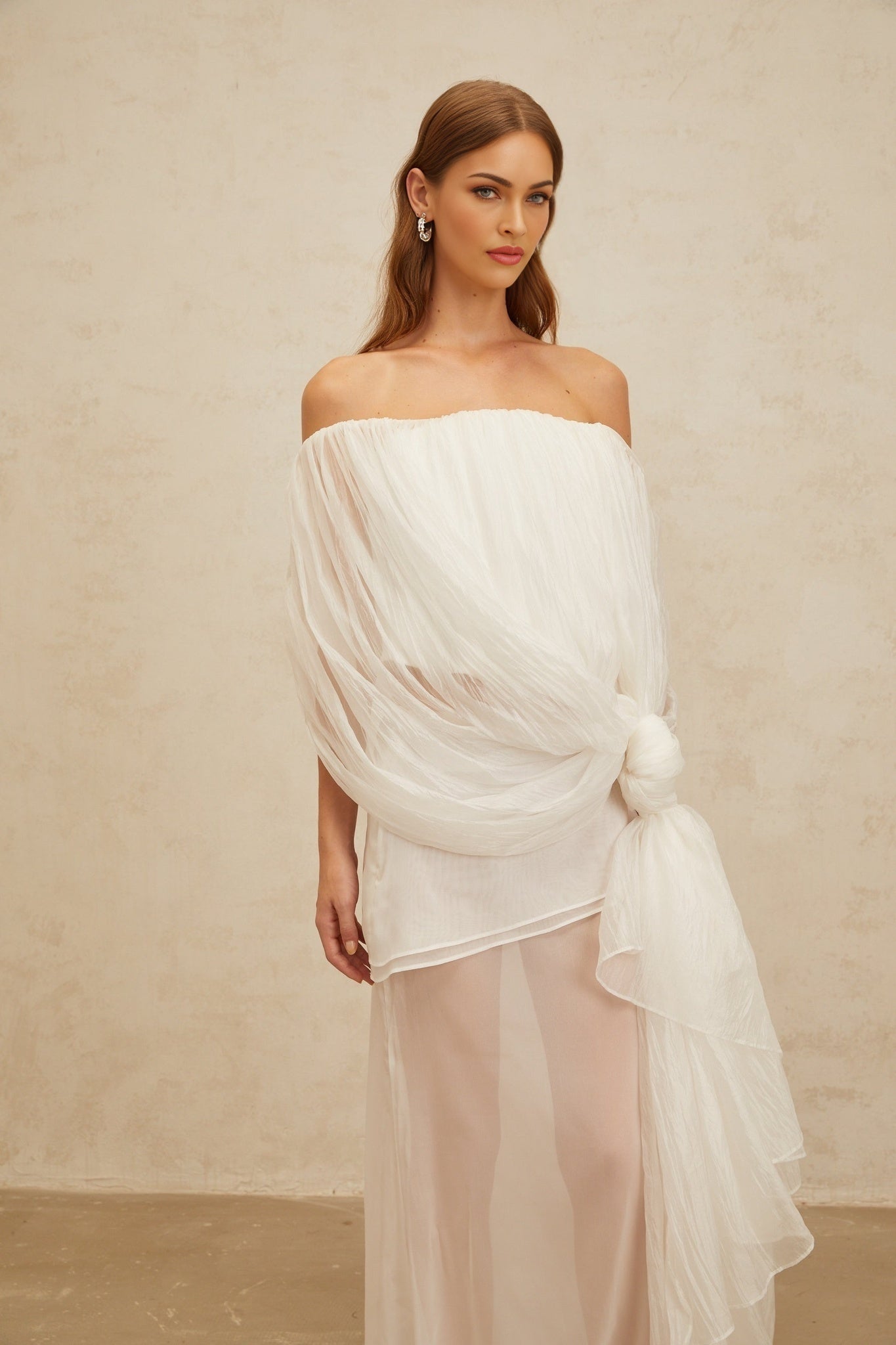 White Off the Shoulder Tulle Sleeveless Top with Shirred Effect and Twisted Knot