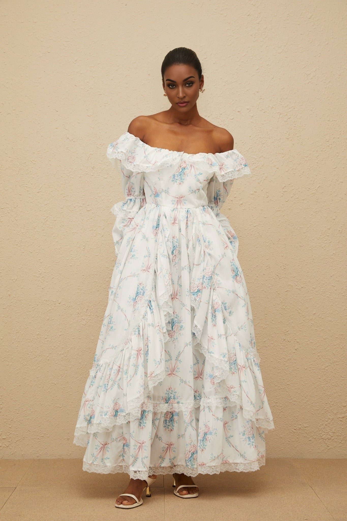 White off the shoulder floral print maxi dress with flared cuffs and lace trim