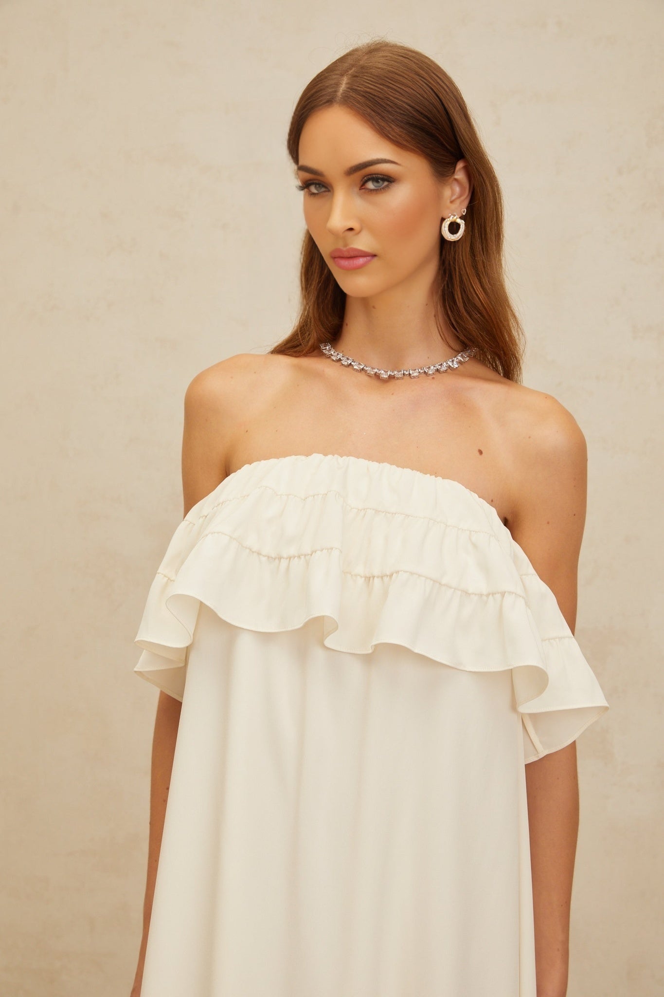 White Off the Shoulder Sleeveless Maxi Dress with Ruffled Detailing and Shirred Effect