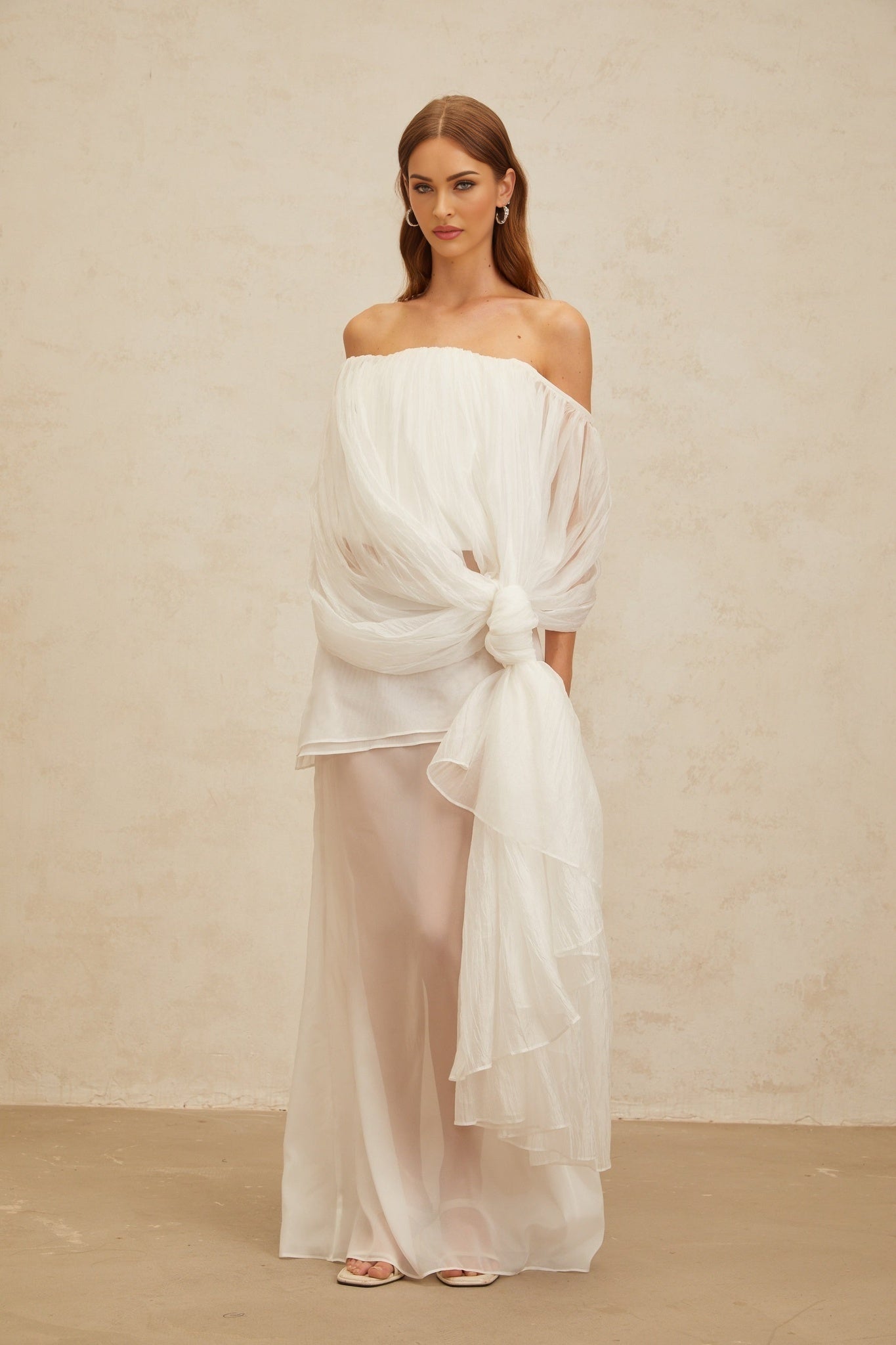 White Off the Shoulder Tulle Sleeveless Top with Shirred Effect and Twisted Knot