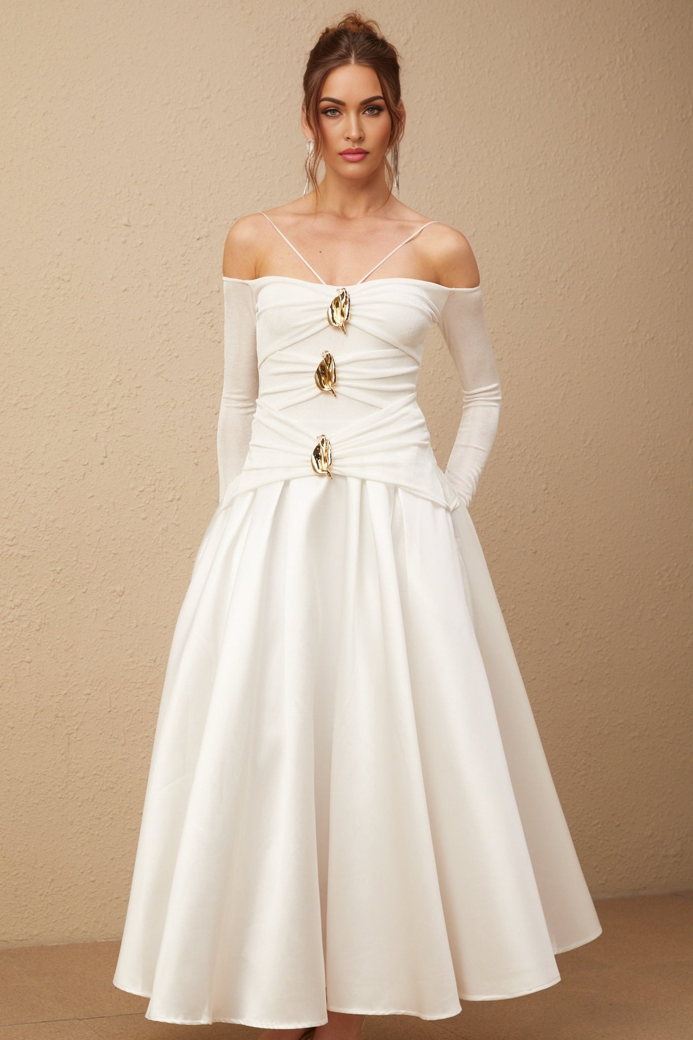 White offshoulder maxi dress with panelled design named Nadine