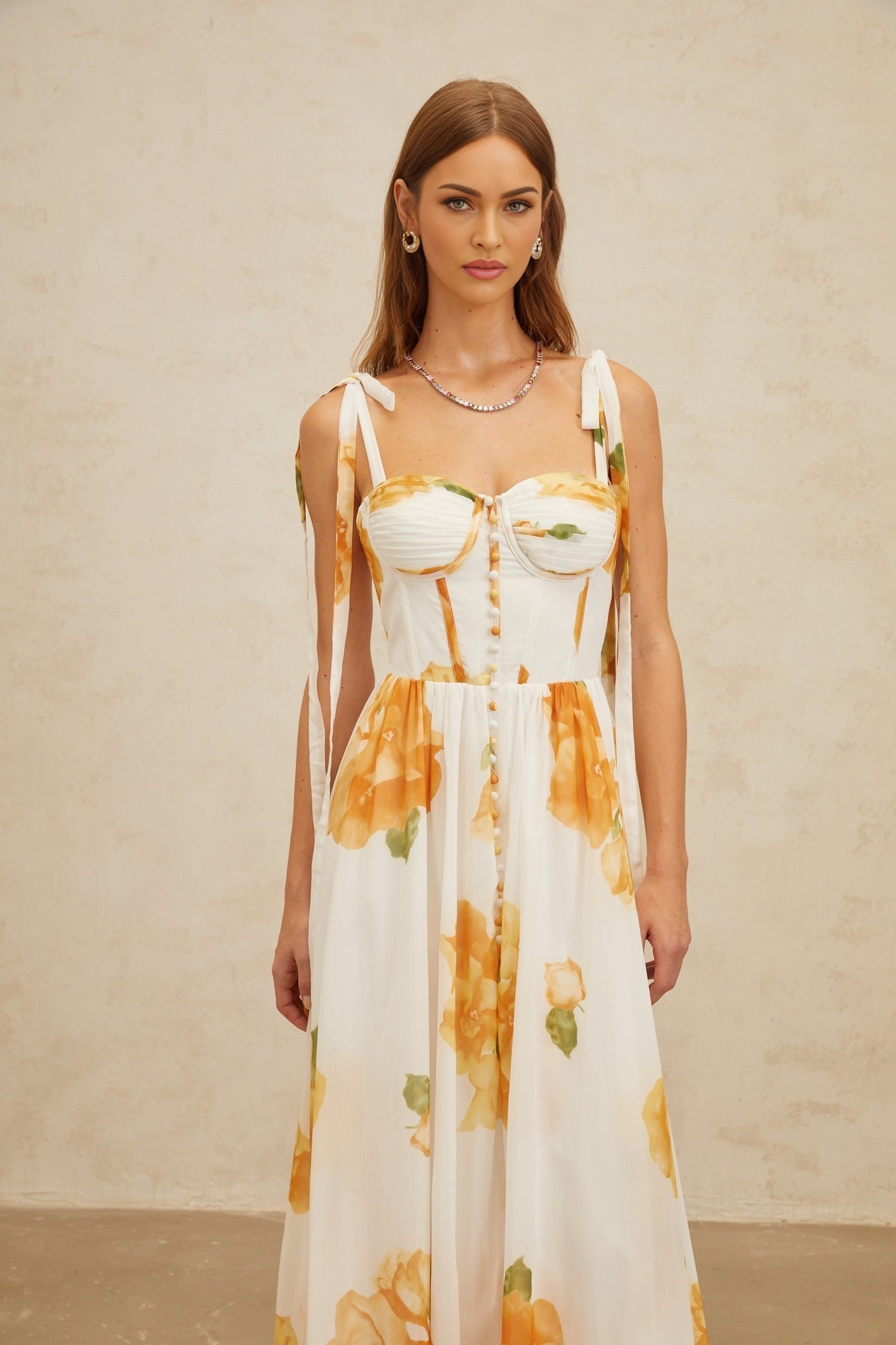 White and Orange Floral Print Maxi Dress with Sweetheart Neckline and Ruffled Trim