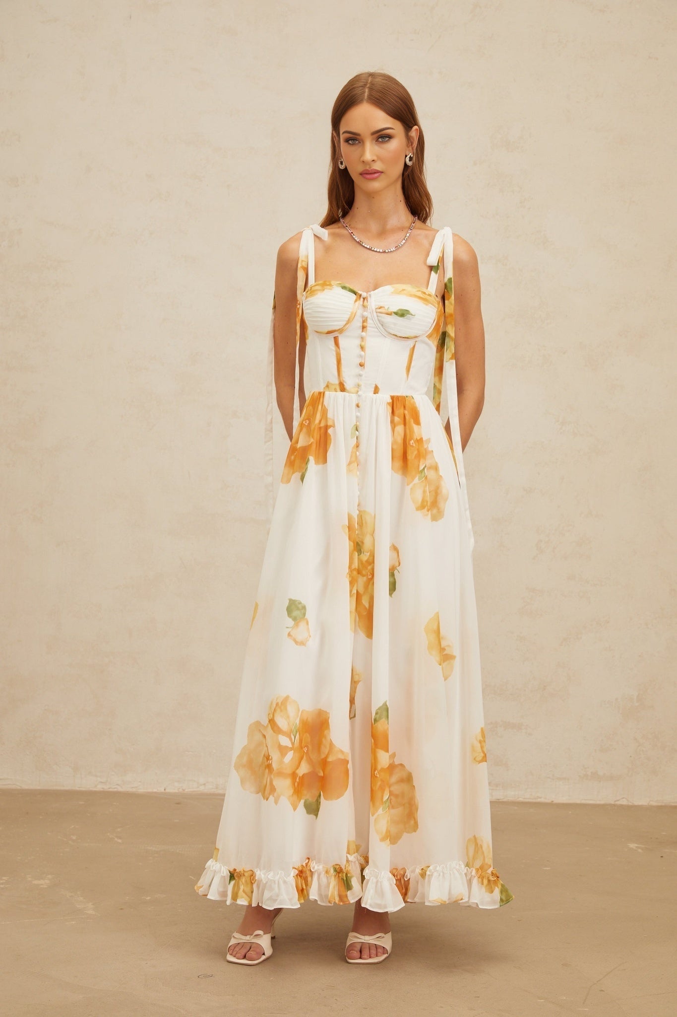 White and Orange Floral Print Maxi Dress with Sweetheart Neckline and Front Slit