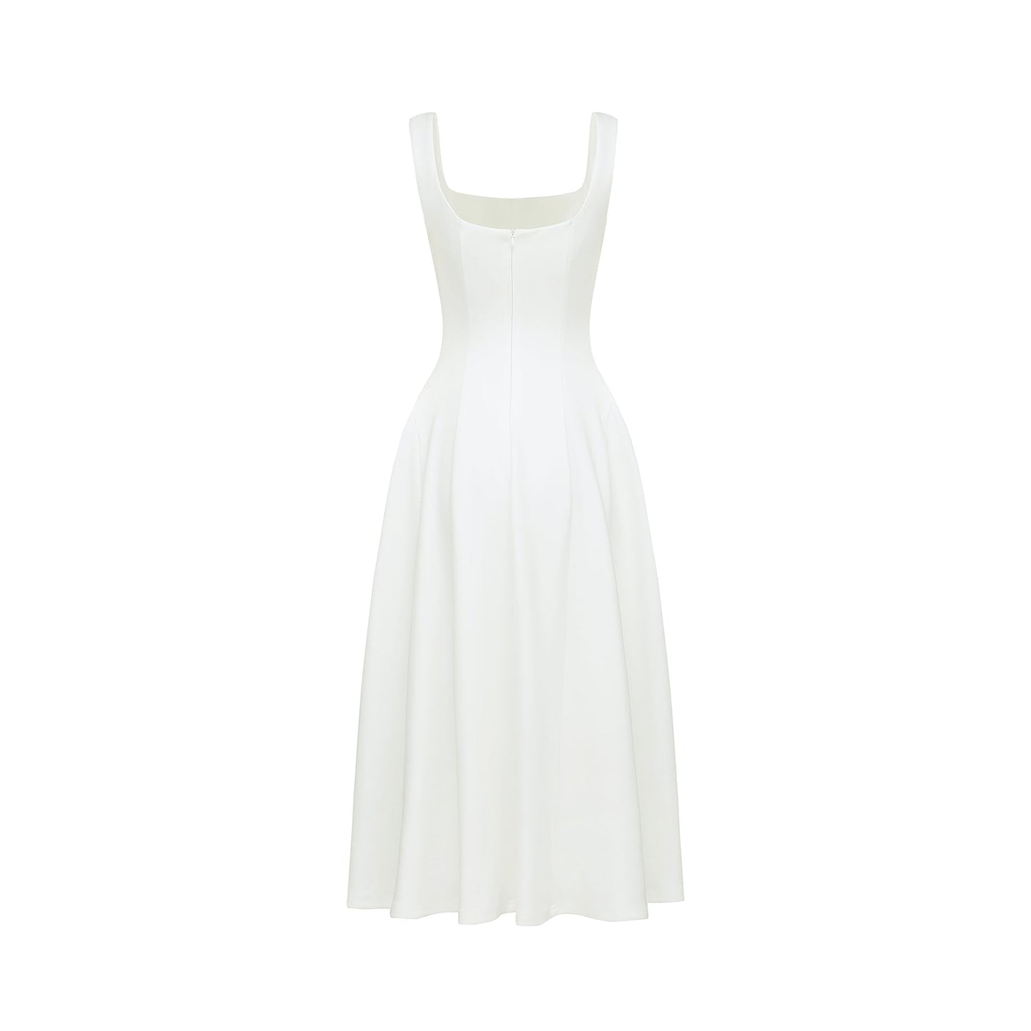 White pleated midi dress with flared skirt named Thala