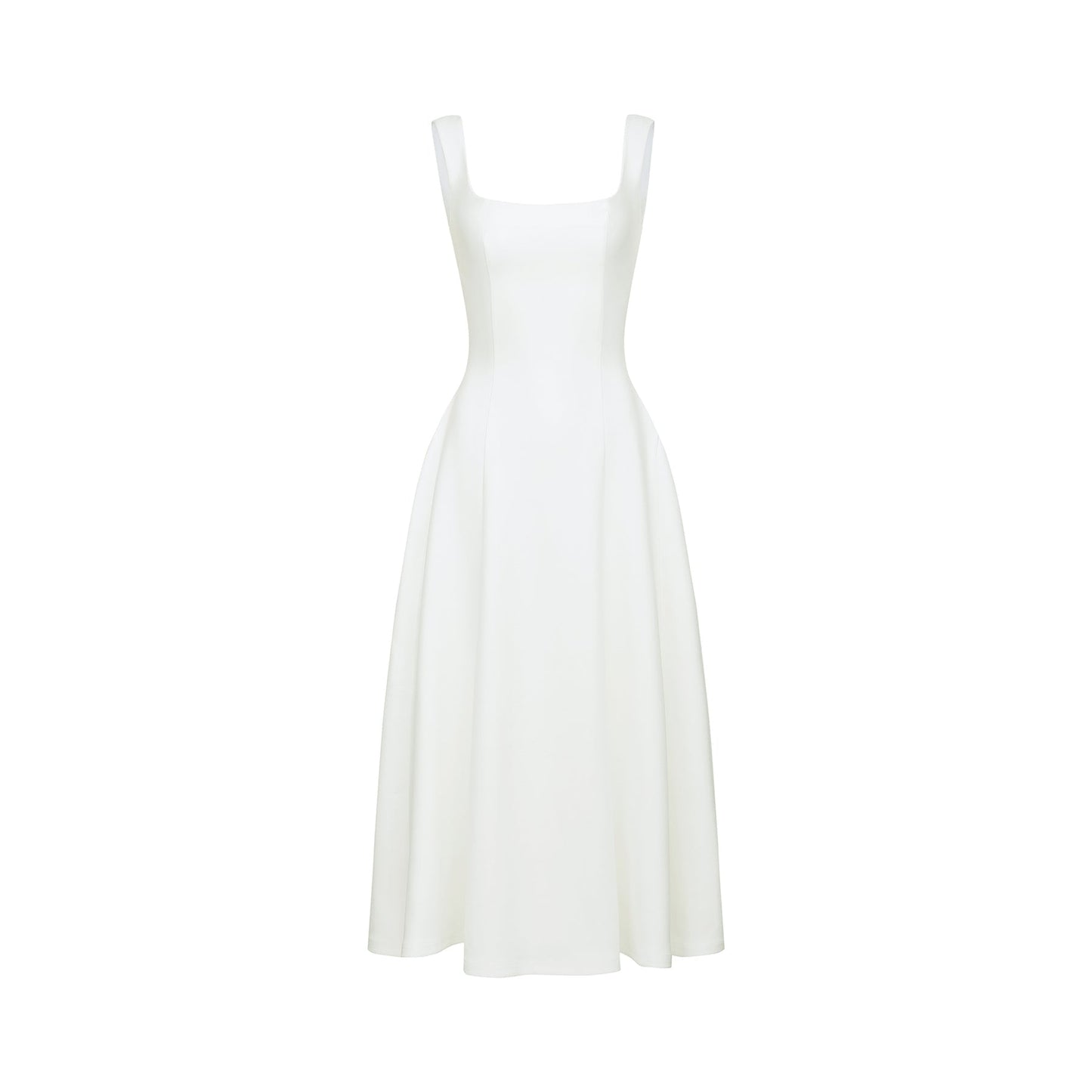 White pleated midi dress with flared skirt Thala model