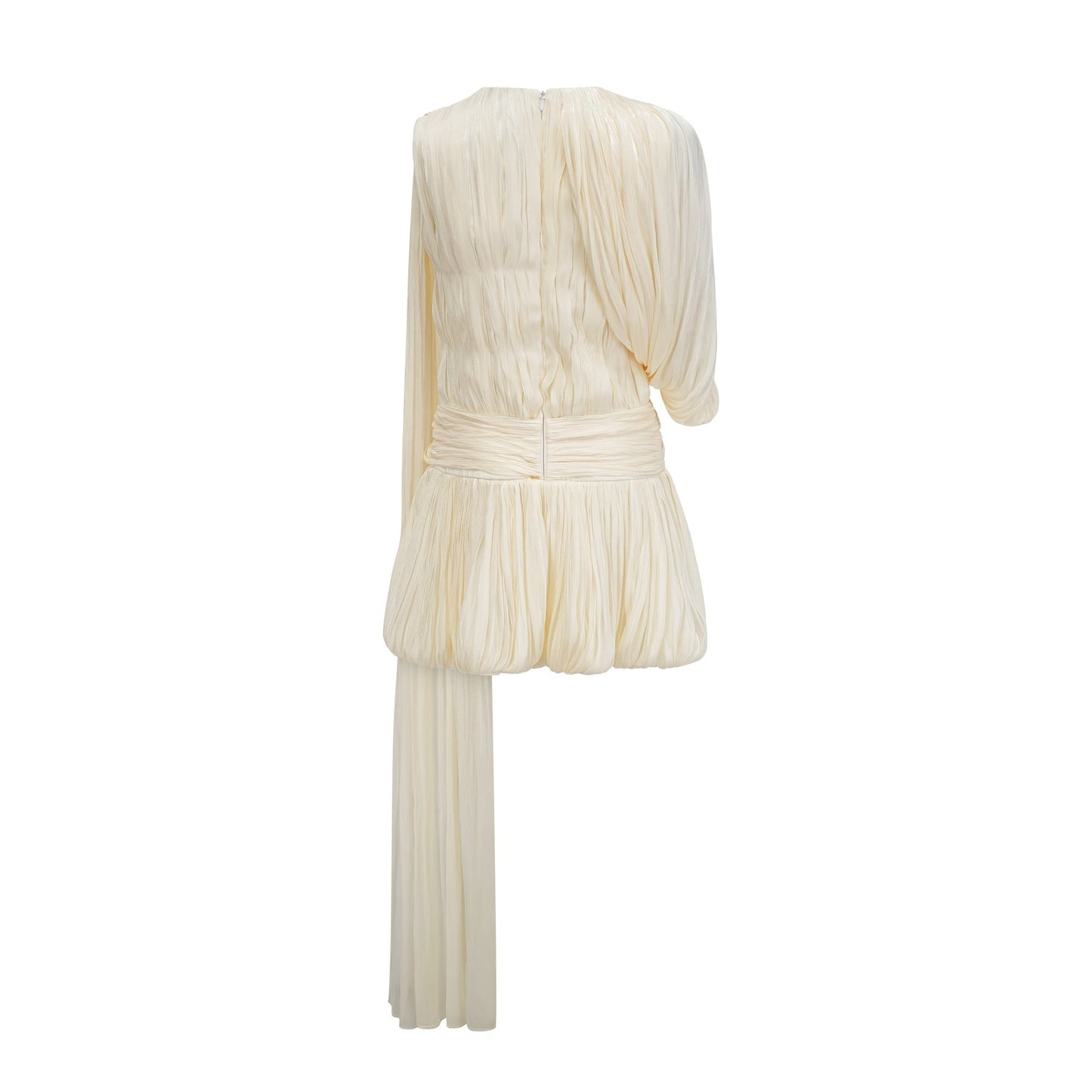 White pleated mini dress with ribbon accent and short sleeves
