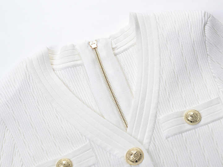 White Ribbed Knit Fitted Shirt with Gold Buttons and Front Pockets