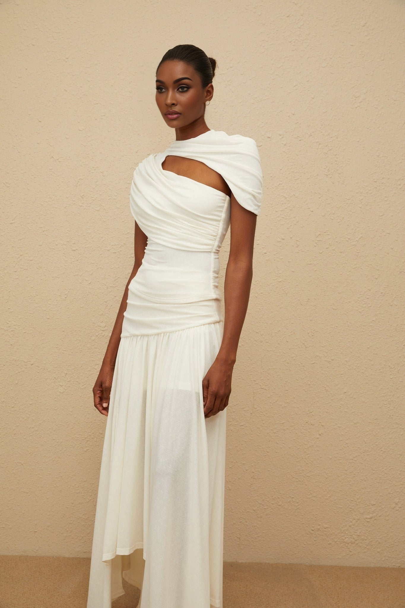 White Round Neck Stretch Asymmetrical Ruched Fitted Cut-Out Rear Zip Fastening Top and Skirt Set