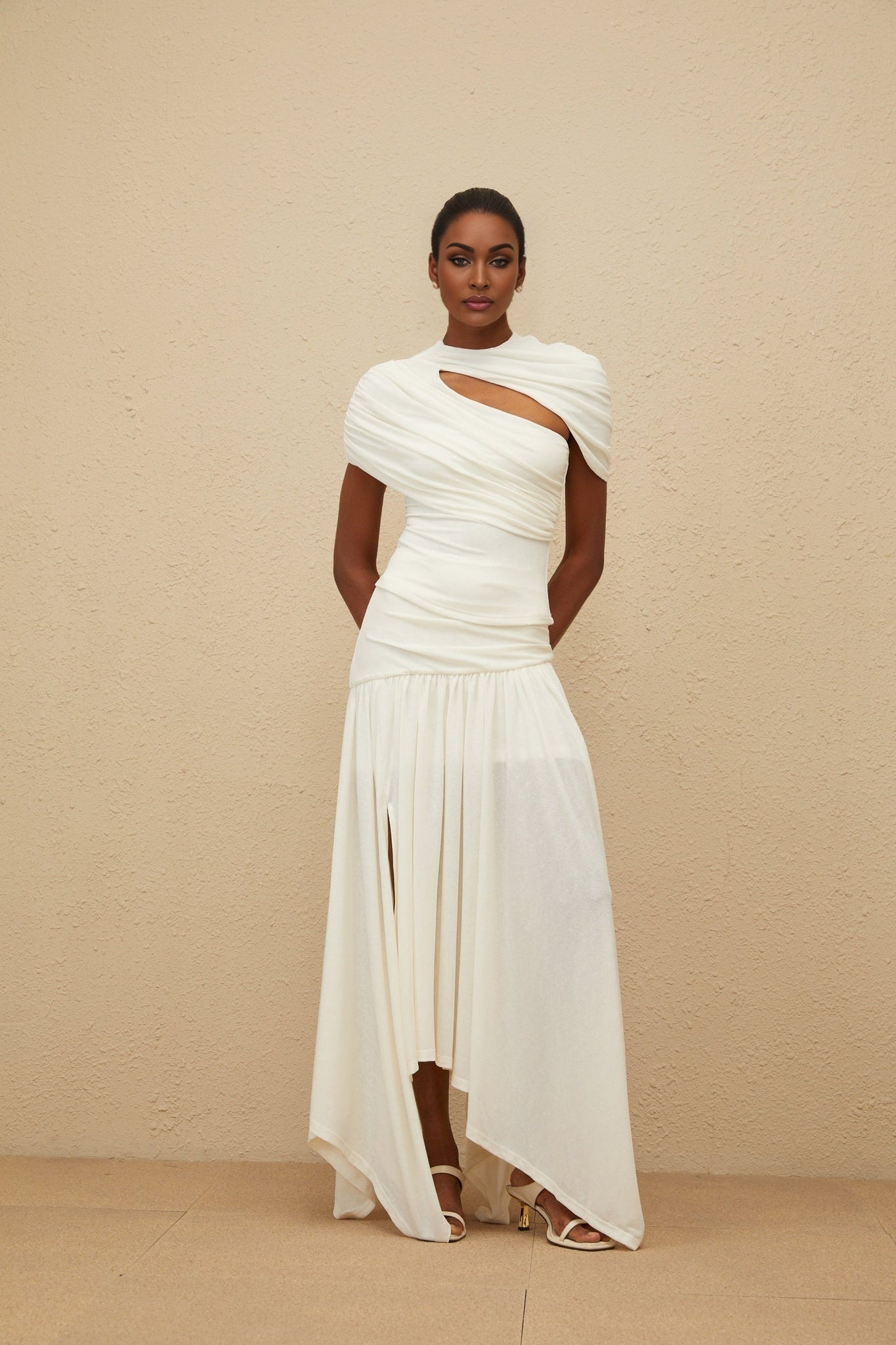 White Round Neck Stretch Asymmetrical Ruched Detailing Fitted Silhouette Cut-Out Rear Zip Fastening Terylene Fiber Spandex Top Skirt High Rise Shirred Panel Side Slit Maxi Length Composition