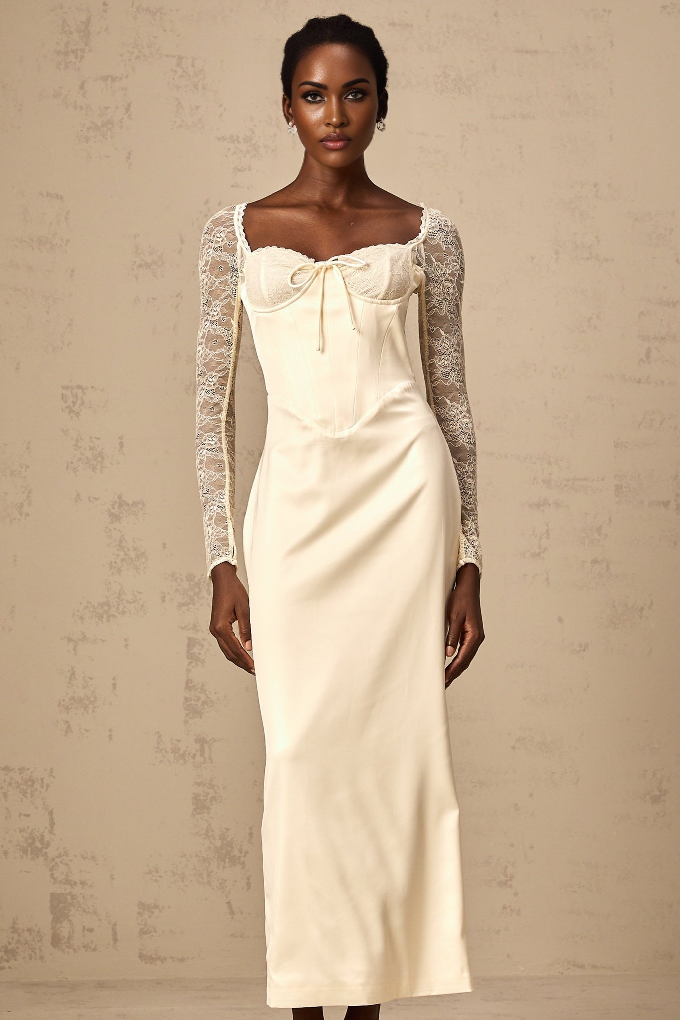 White satin midi dress with lace panel details named Aurore