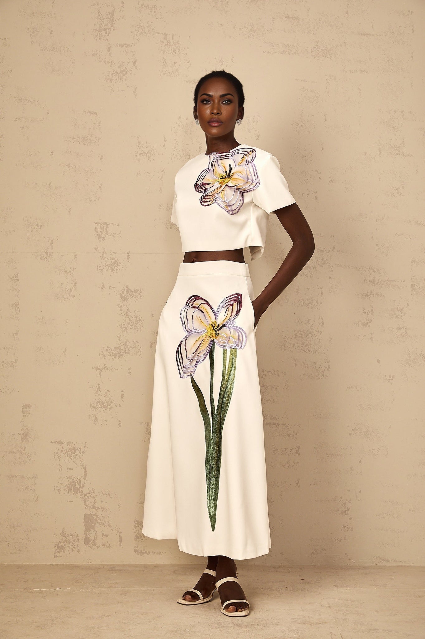 White sequin floral embroidered matching set for women featuring top and bottom pieces with intricate floral design and shimmering sequin details