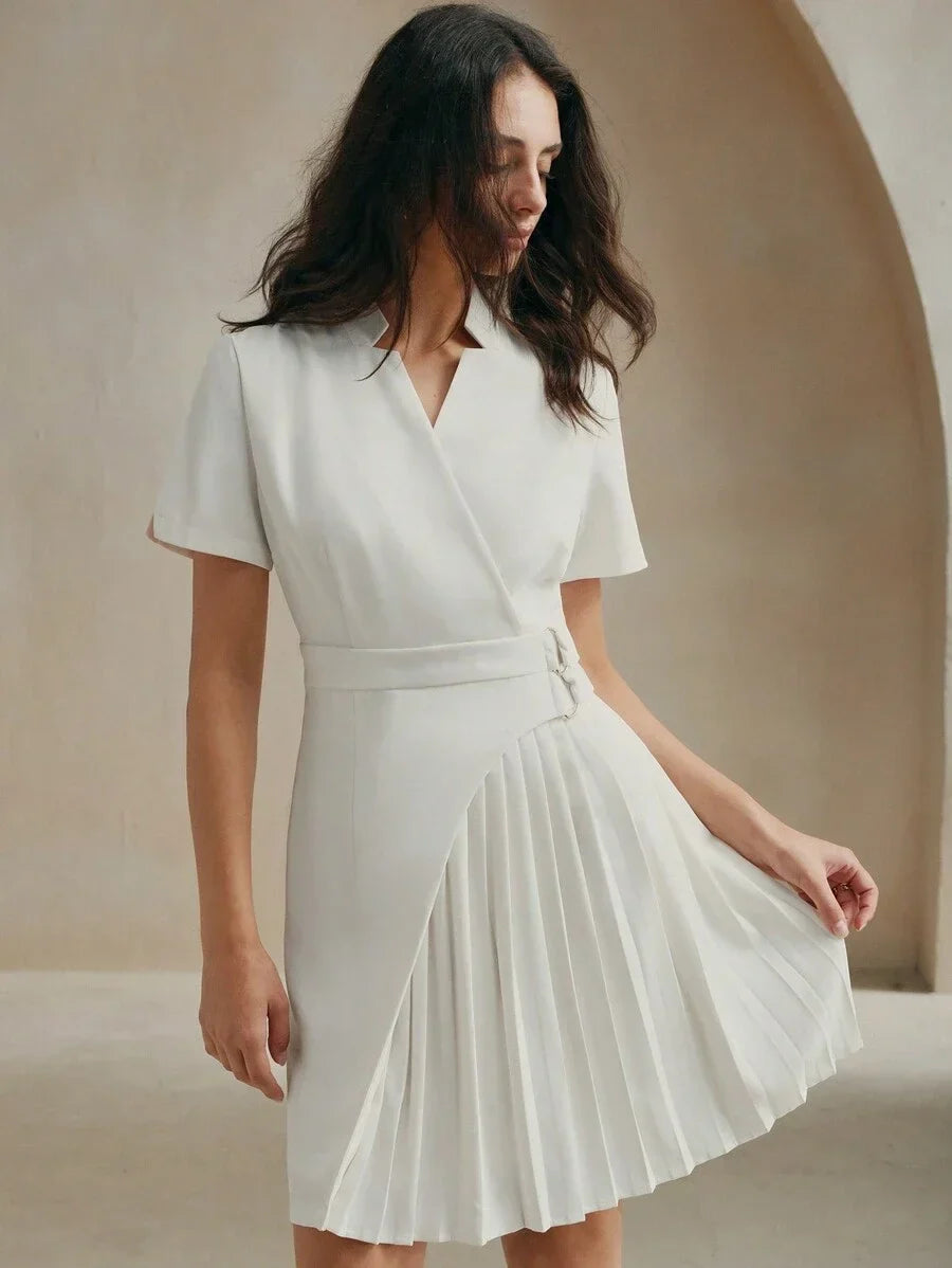 White Short Sleeve Pleated Asymmetrical Hem Stylish Urban Women Dress