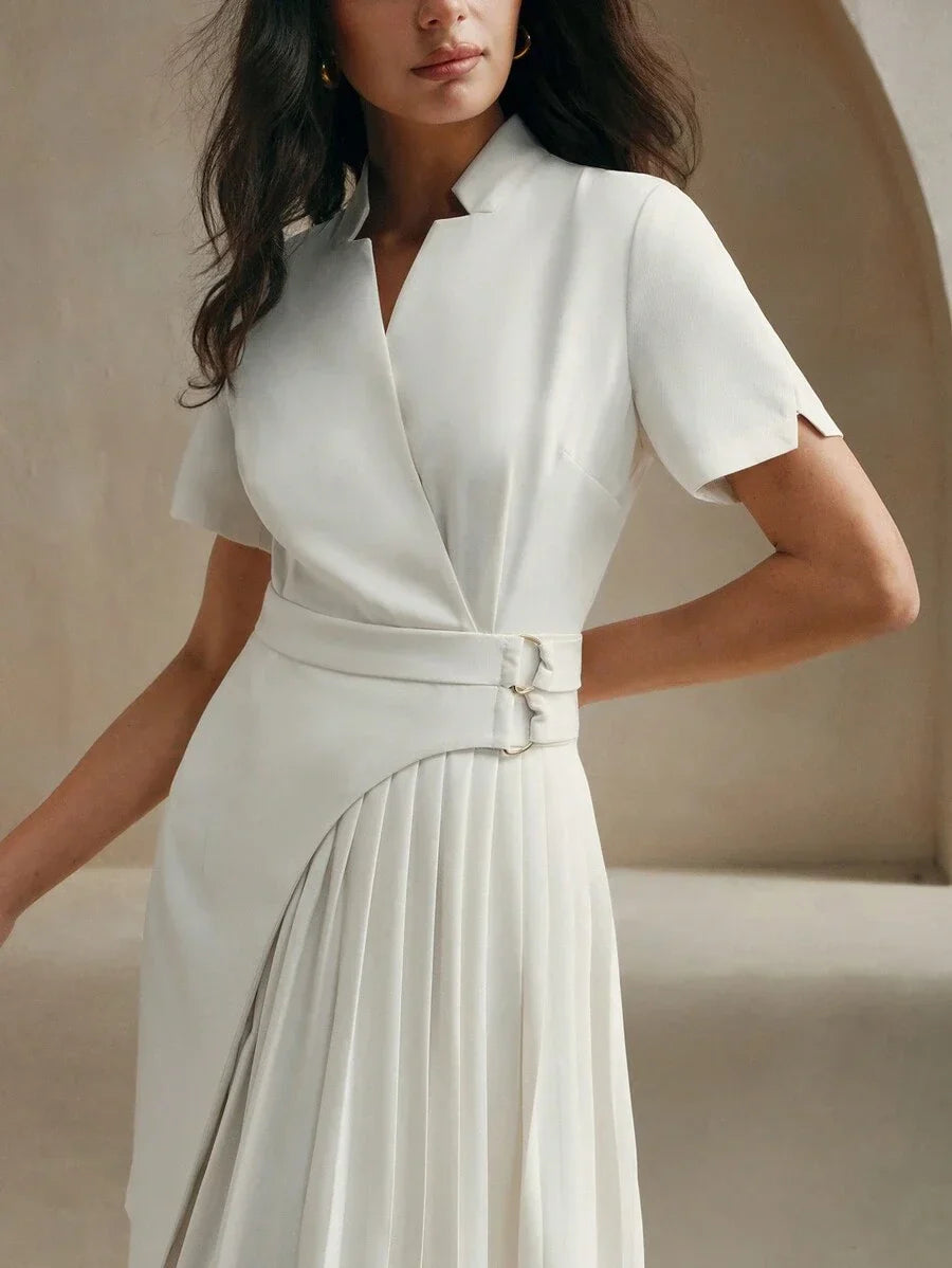 White Short Sleeve Pleated Asymmetrical Hem Stylish Urban Women Dress