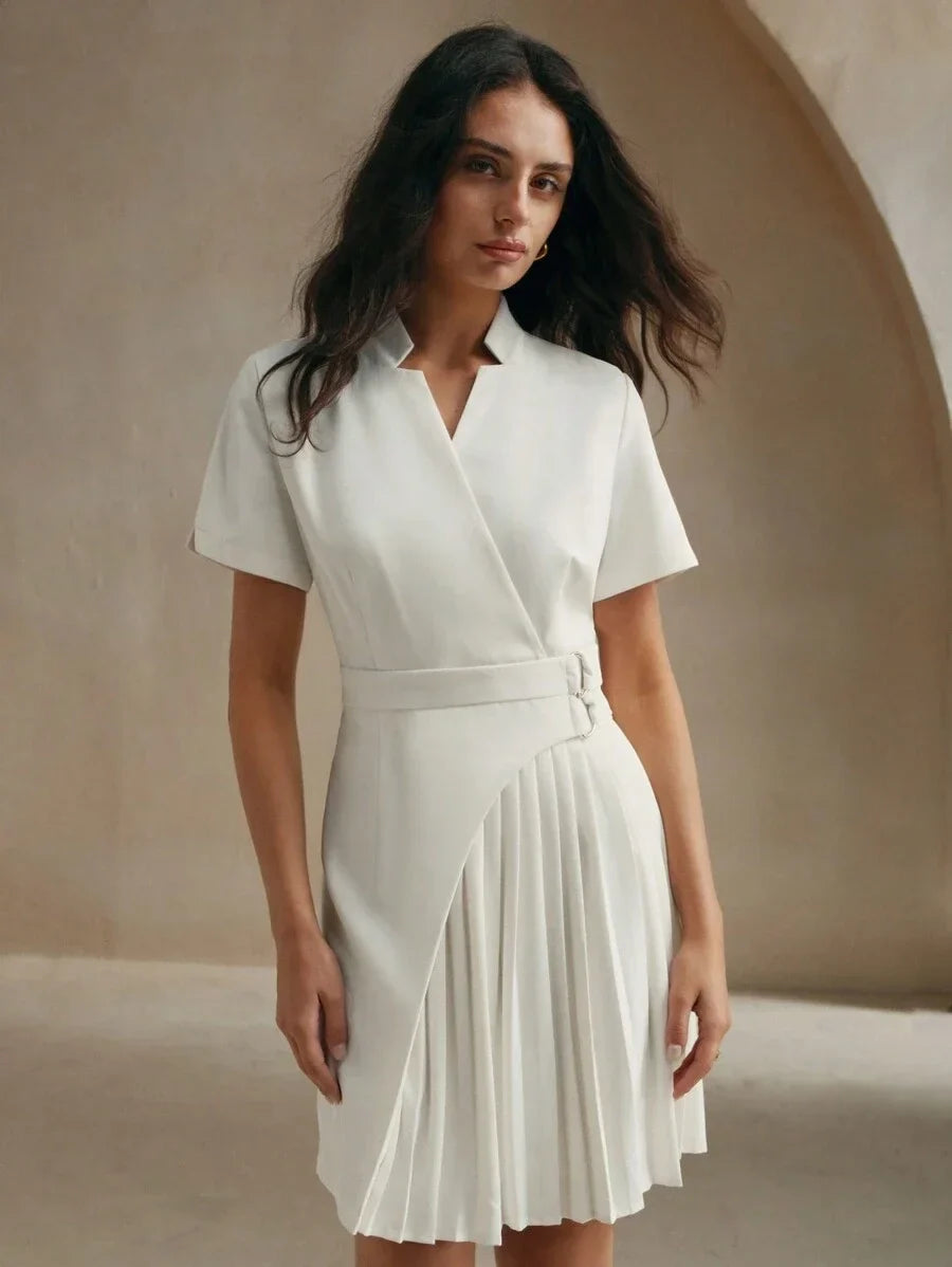 White Short Sleeve Pleated Asymmetrical Hem Stylish Urban Women Dress