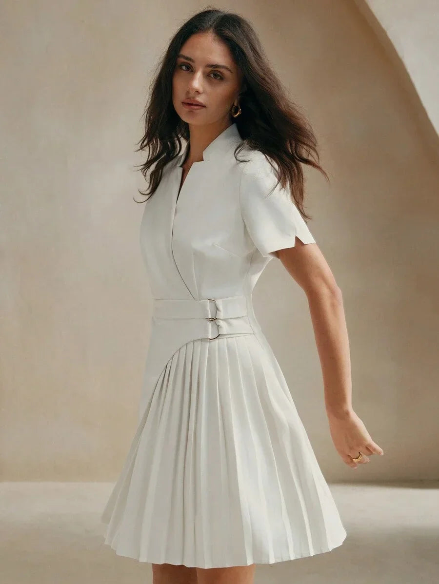 White Short Sleeve Pleated Asymmetrical Hem Stylish Urban Women Dress