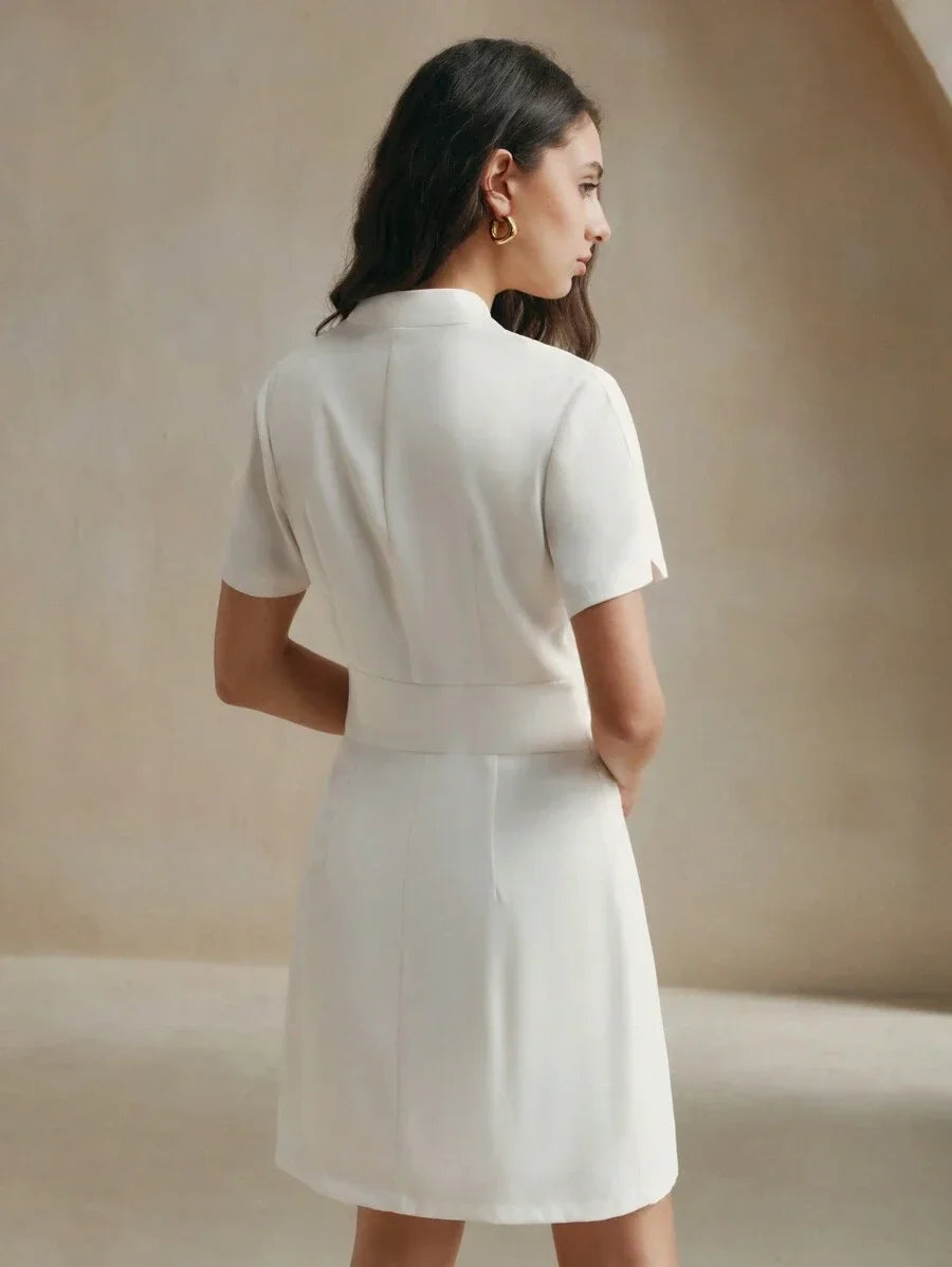 White Short Sleeve Pleated Asymmetrical Hem Stylish Urban Women Dress