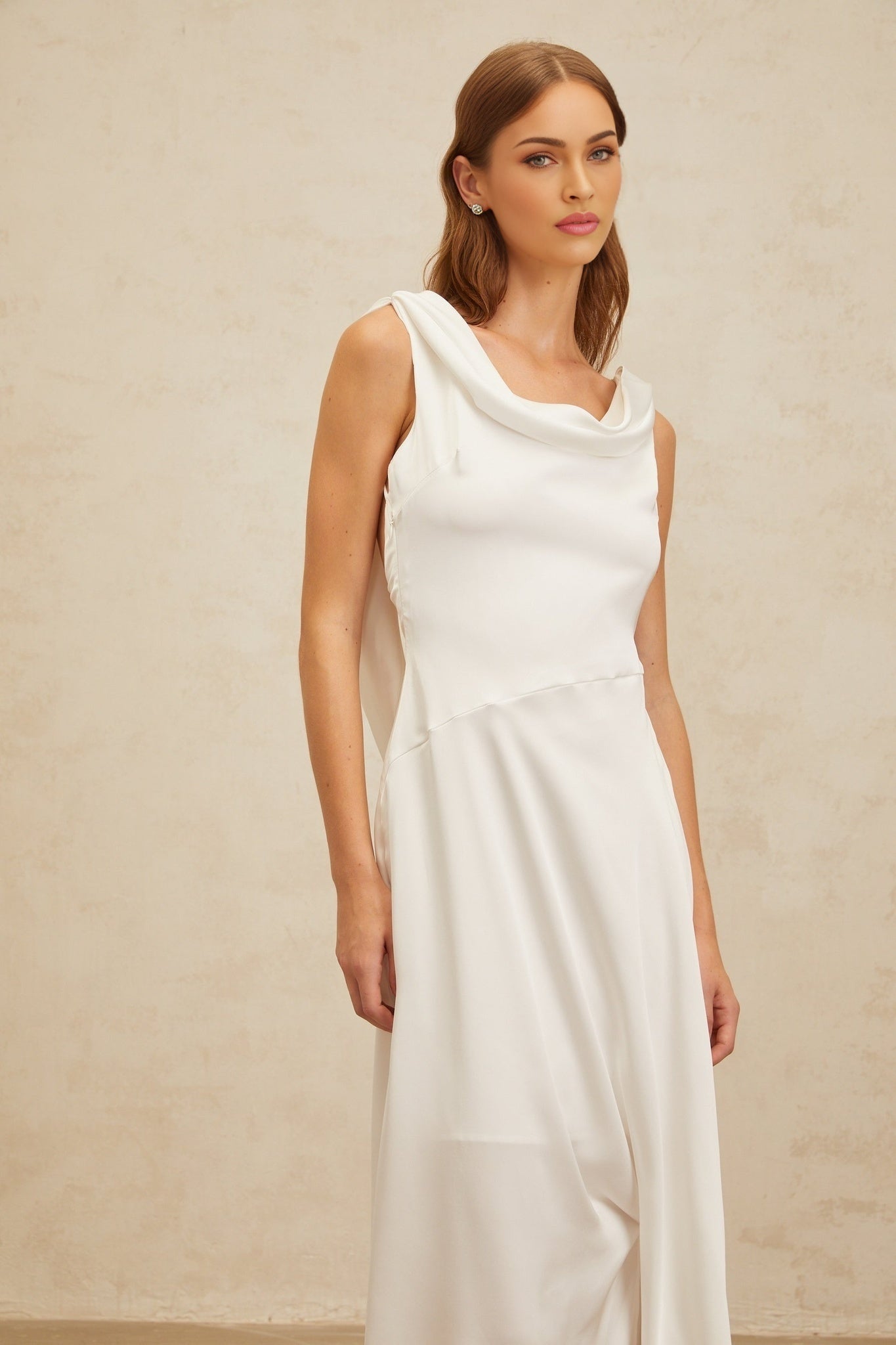 White Sleeveless Cowl Neck Maxi Dress with Twist Detailing and Side Slit