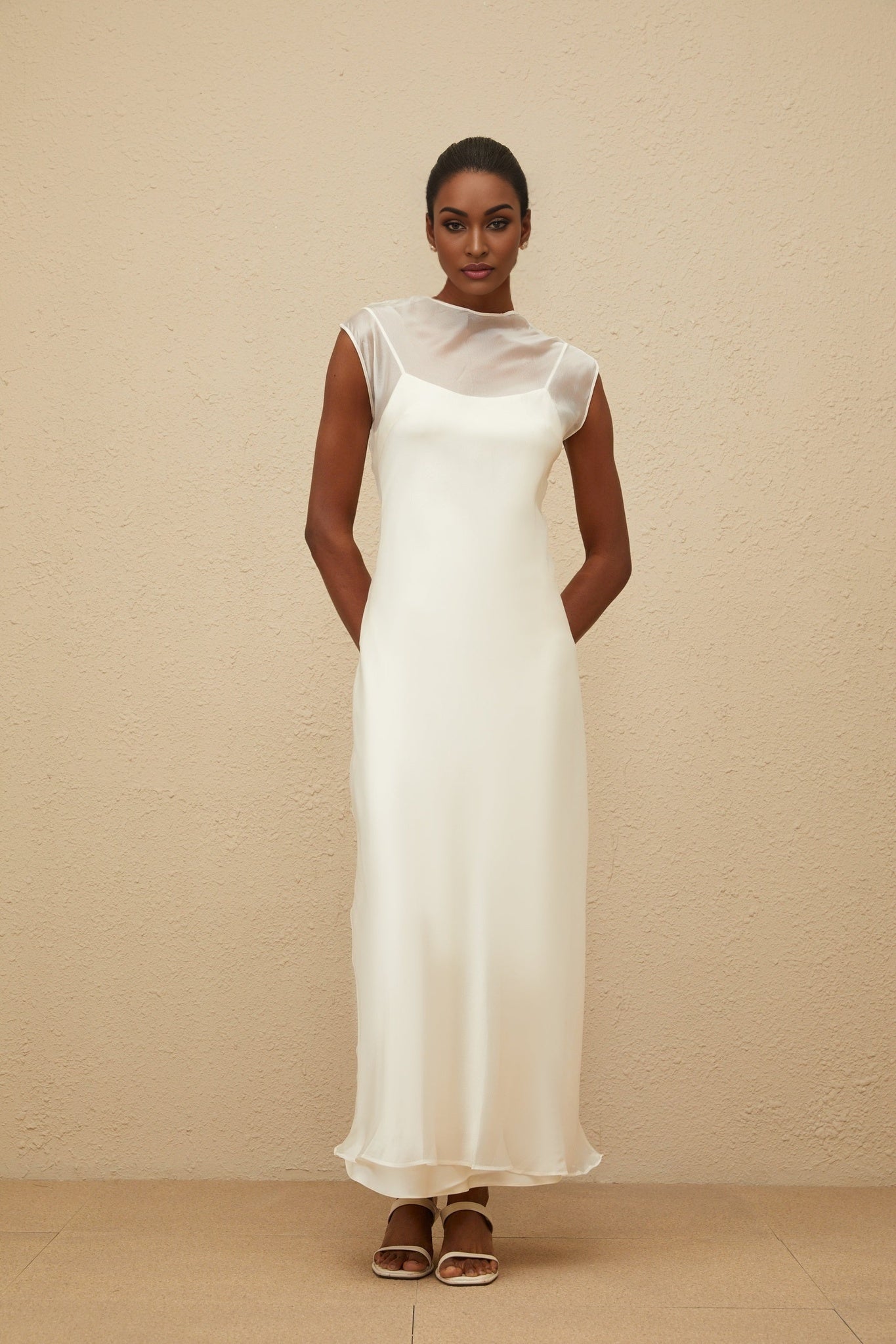 White Sleeveless Tulle Maxi Dress with Flared Hem