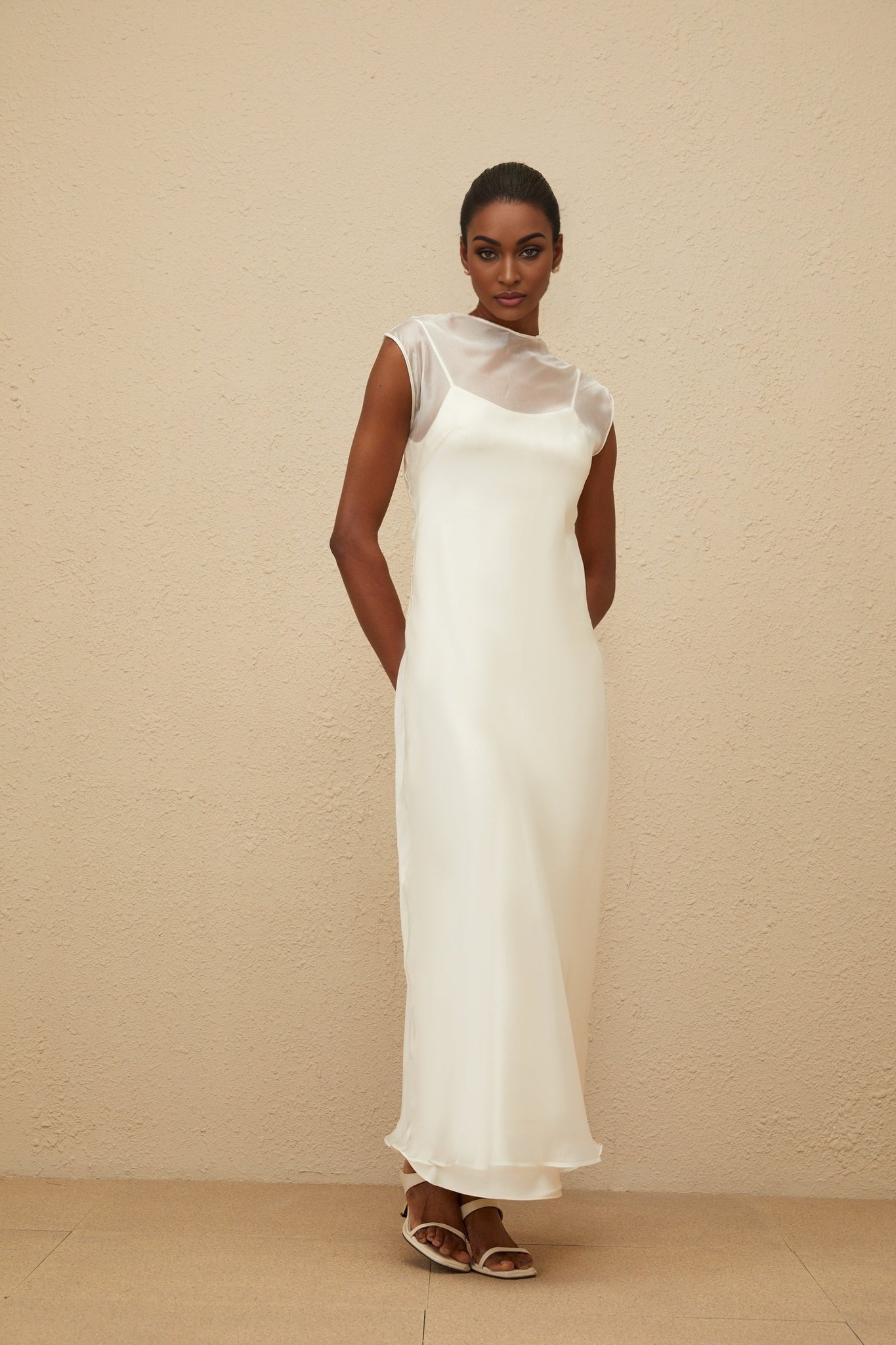White Sleeveless Tulle Maxi Dress with Flared Hem