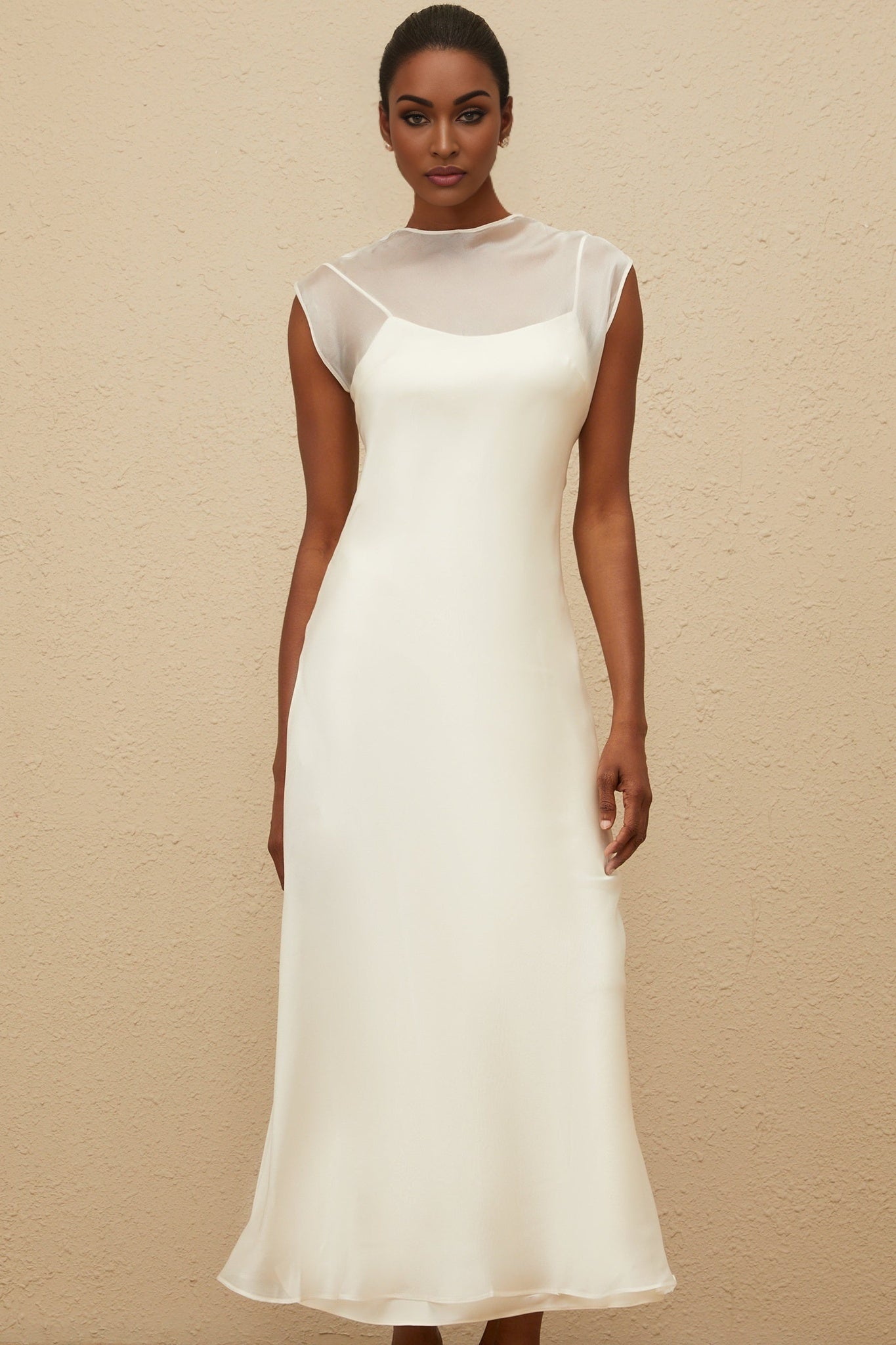White Sleeveless Tulle Maxi Dress with Flared Hem