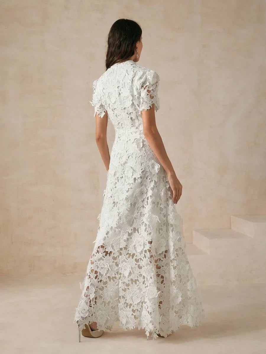 White Slim Fit Lace Trimmed Womens Dress For Holiday Party Clothes Maxi Women Outfit