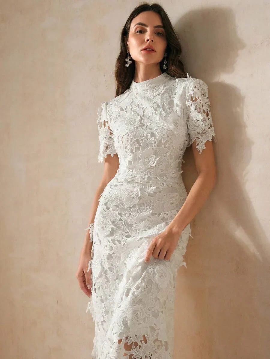 White Slim Fit Lace Trimmed Womens Dress For Holiday Party Clothes Maxi Women Outfit