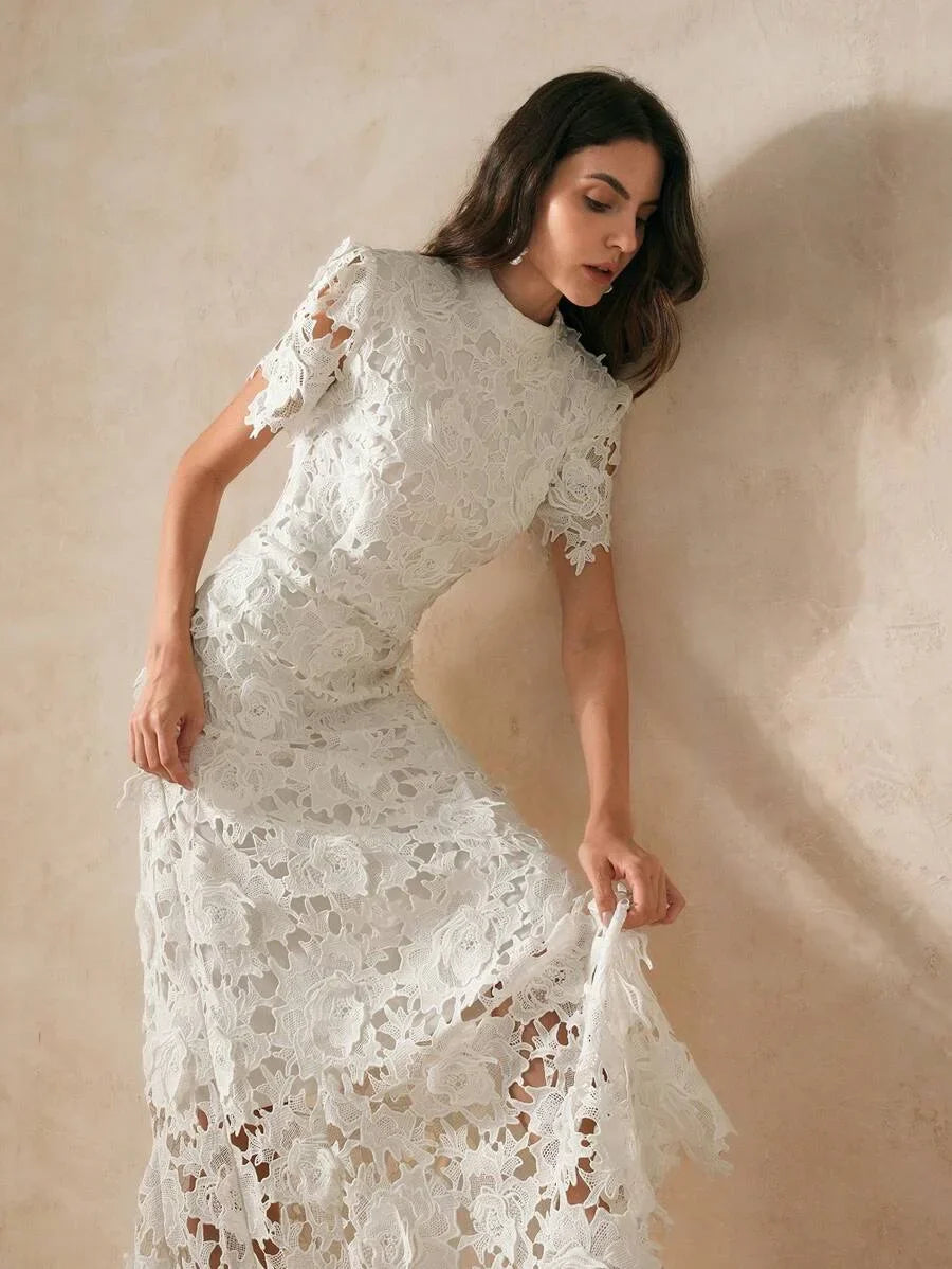 White Slim Fit Lace Trimmed Womens Dress For Holiday Party Clothes Maxi Women Outfit