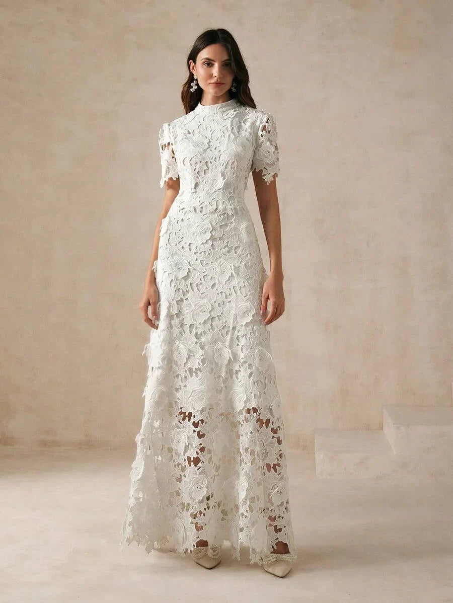 White Slim Fit Lace Trimmed Womens Dress For Holiday Party Clothes Maxi Women Outfit