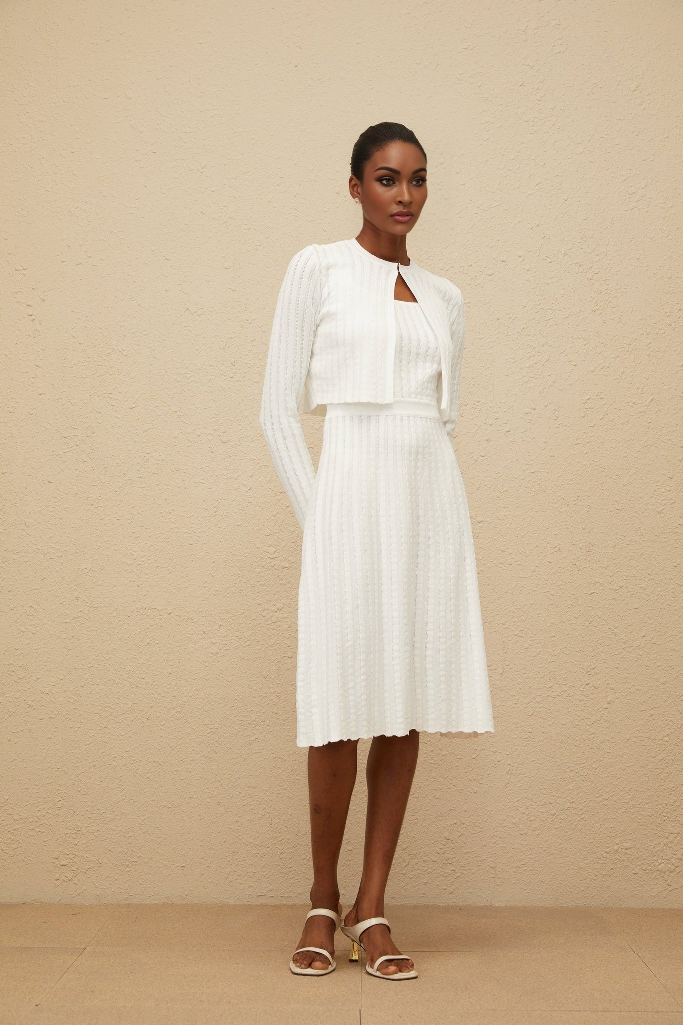 White Square Neck Ribbed Knit Midi Dress
