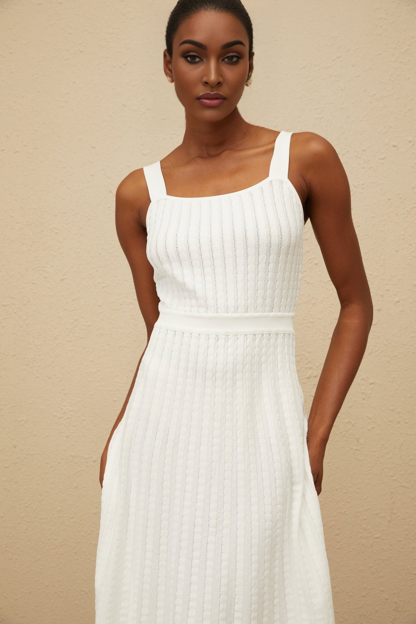 White Square Neck Sleeveless Ribbed Knit Midi Dress