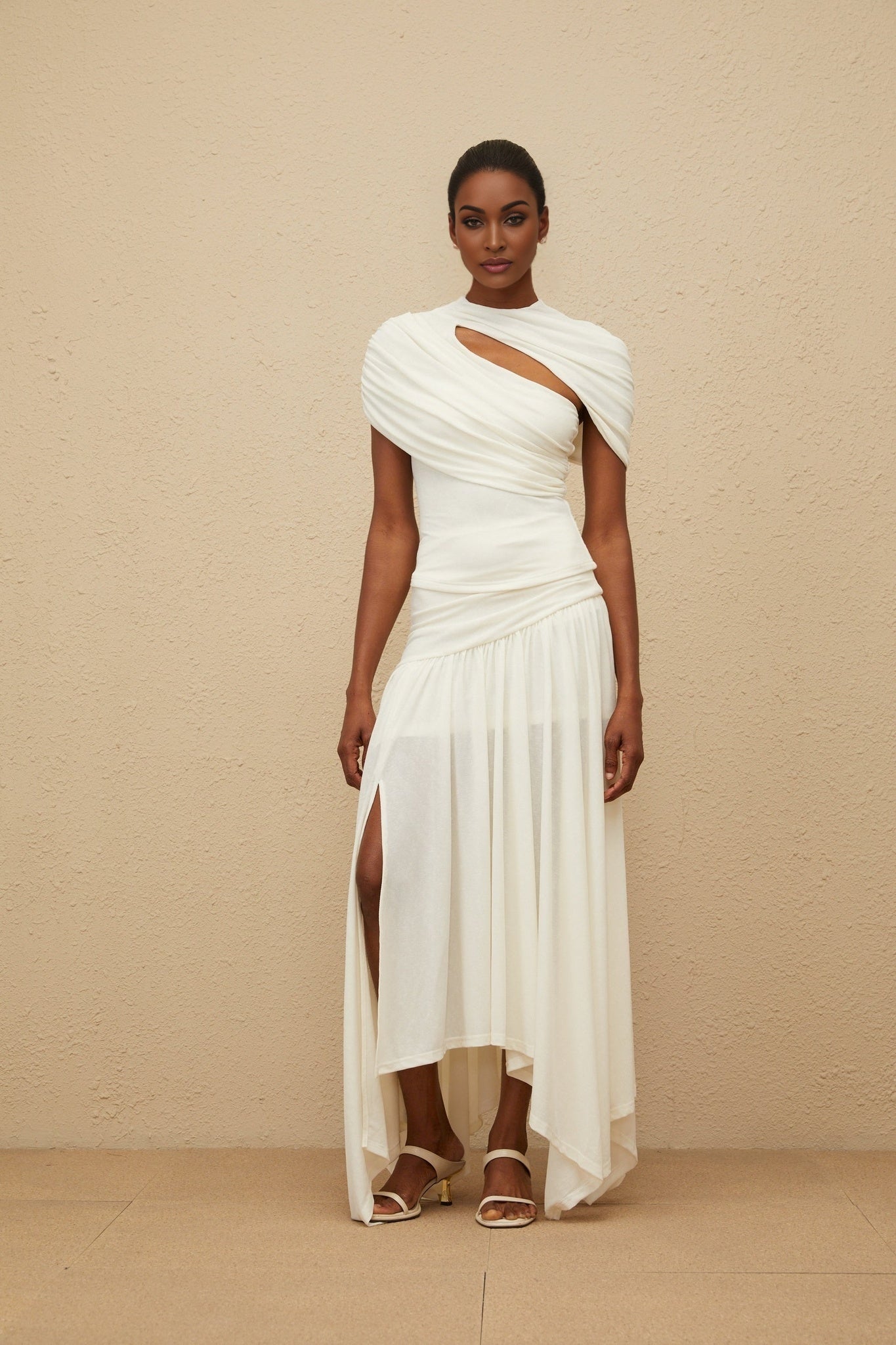 White Stretch Asymmetrical Ruched Detailing Fitted Silhouette Cut-out Round Neck Top and High Rise Skirt Set with Rear Zip Fastening and Side Slit Maxi Length