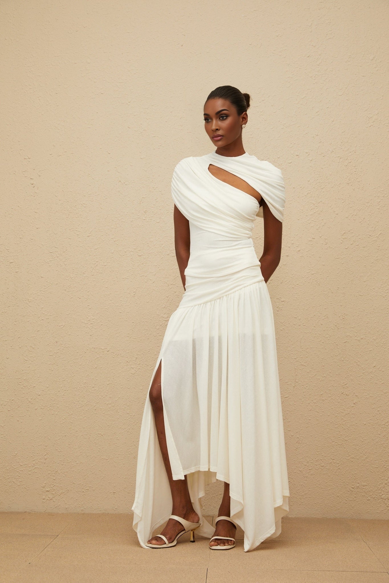 White Stretch Design Asymmetrical Ruched Fitted Silhouette Cut-out Detailing Rear Zip Fastening Top and Skirt Set