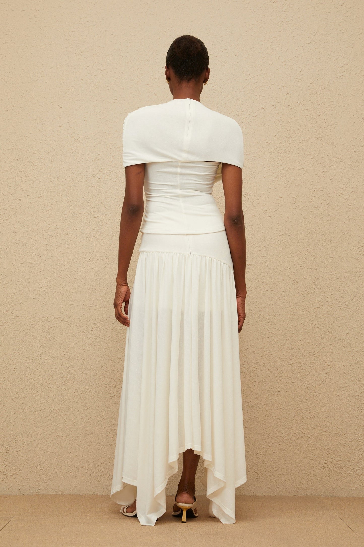 White Stretch Round Neck Asymmetrical Ruched Fitted Silhouette Cut-Out Detailing Rear Zip Fastening Top and Skirt Set