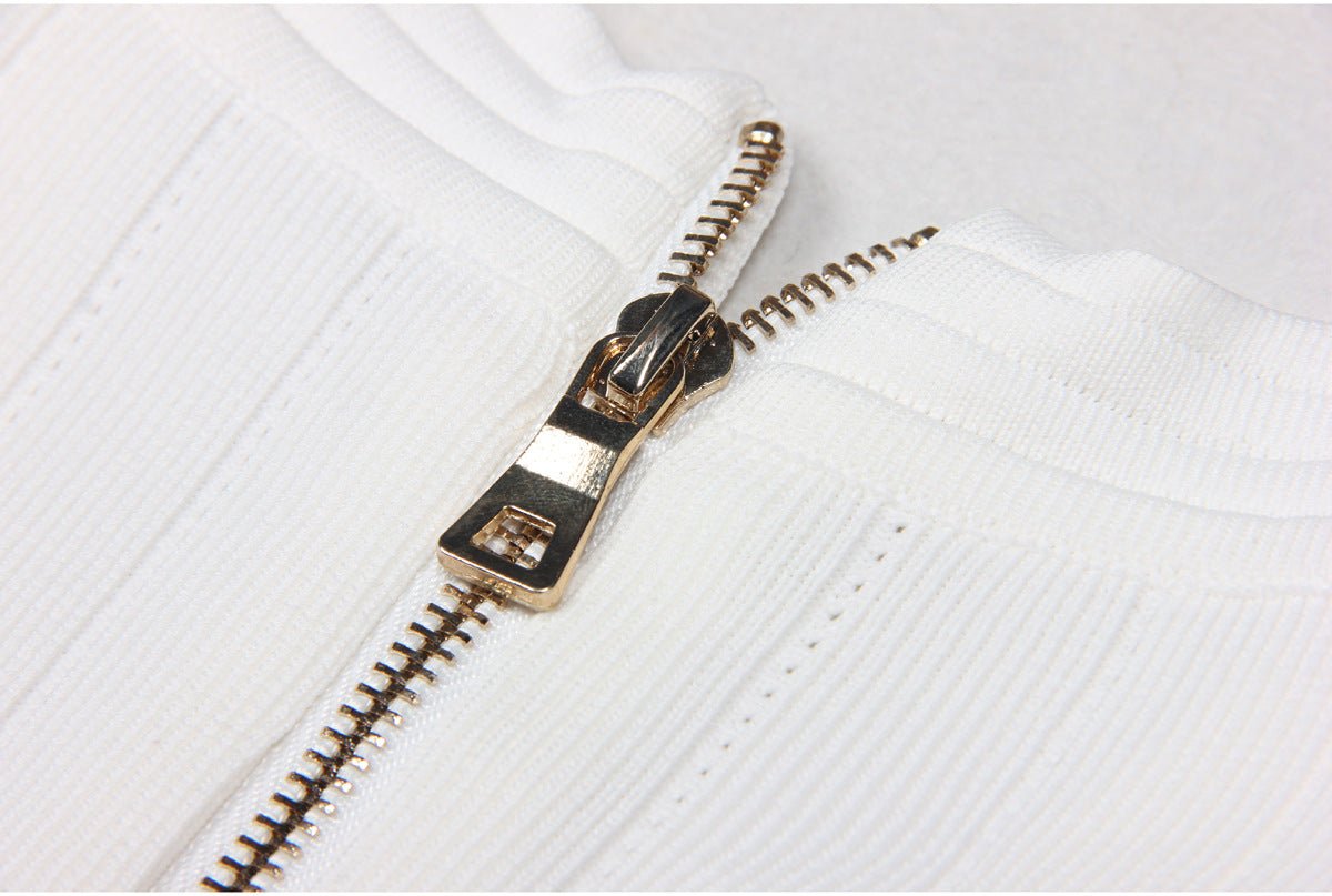 White Tailored Bandage Mini Dress with Blazer-Inspired Silhouette and Gold-Tone Buttons