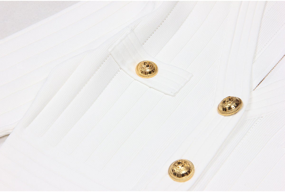 White Tailored Bandage Mini Dress with Blazer-Inspired Silhouette and Gold-Tone Buttons