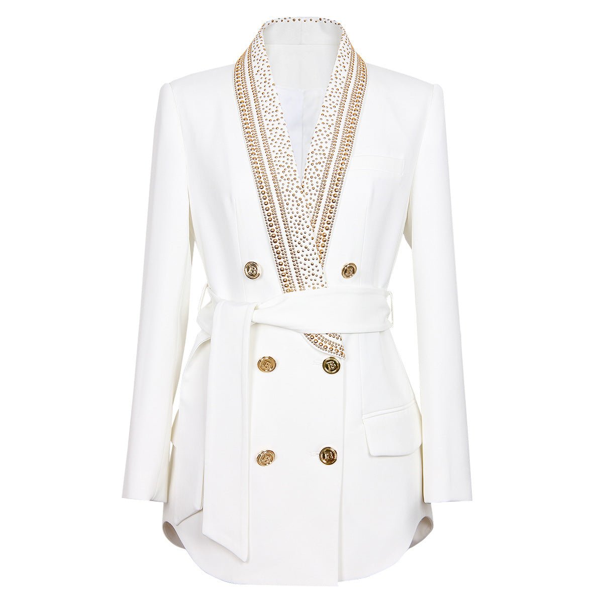 White double-breasted tailored blazer with gold accents