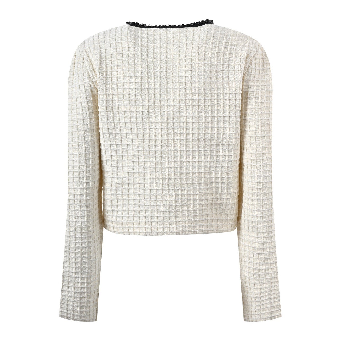 White tailored jacket and flared skirt with black accents, structured and slightly cropped style, ideal for spring or fall formal events