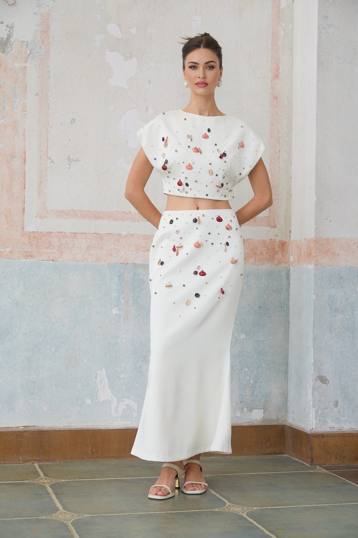 White top and skirt set with shell embellishments named Delphine matching outfit beach inspired summer wear