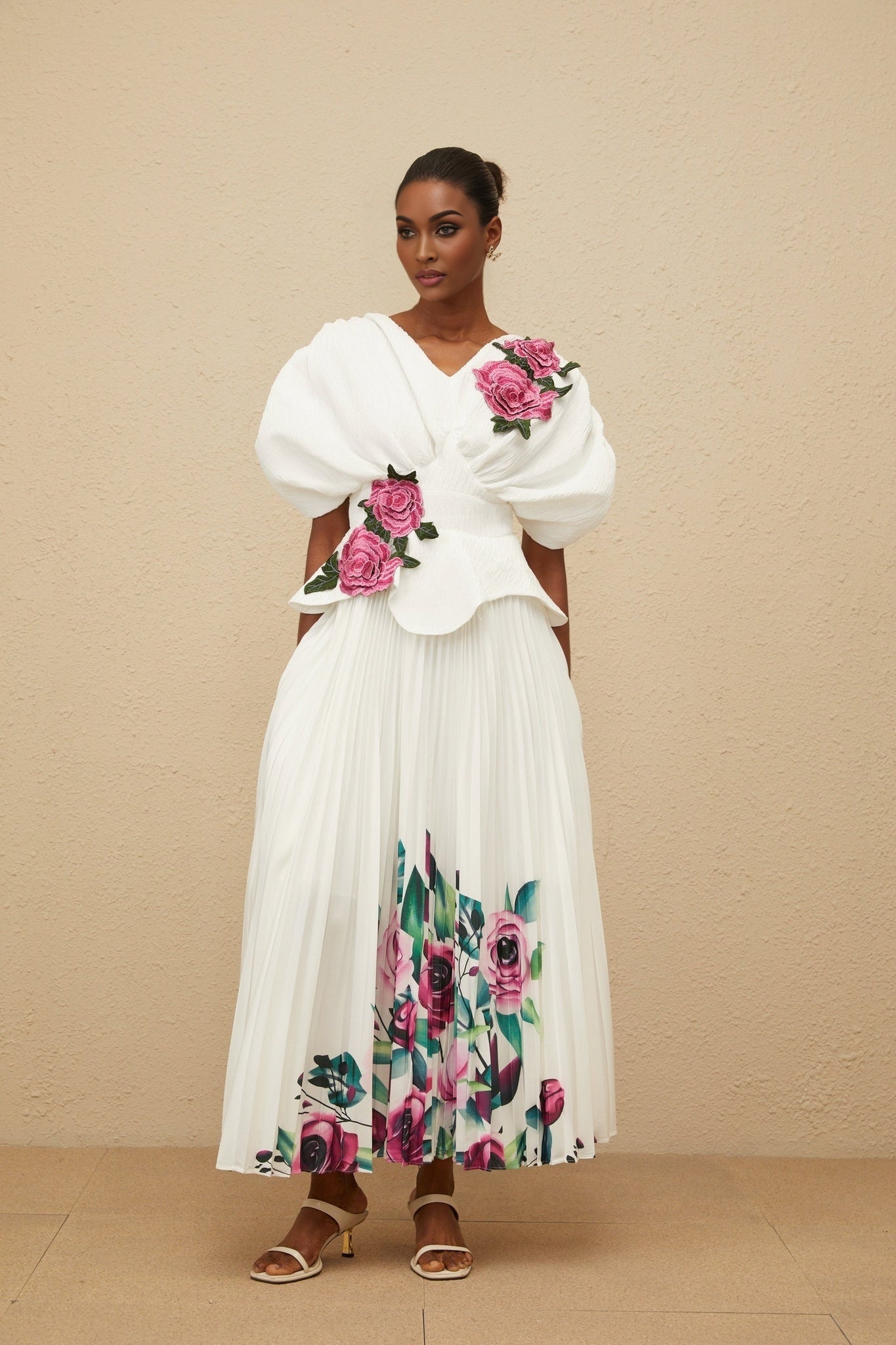 White V-neck Batwing Sleeve Floral Embroidered Shirred Effect Dress with Rear Zip Fastening and Curved Hem