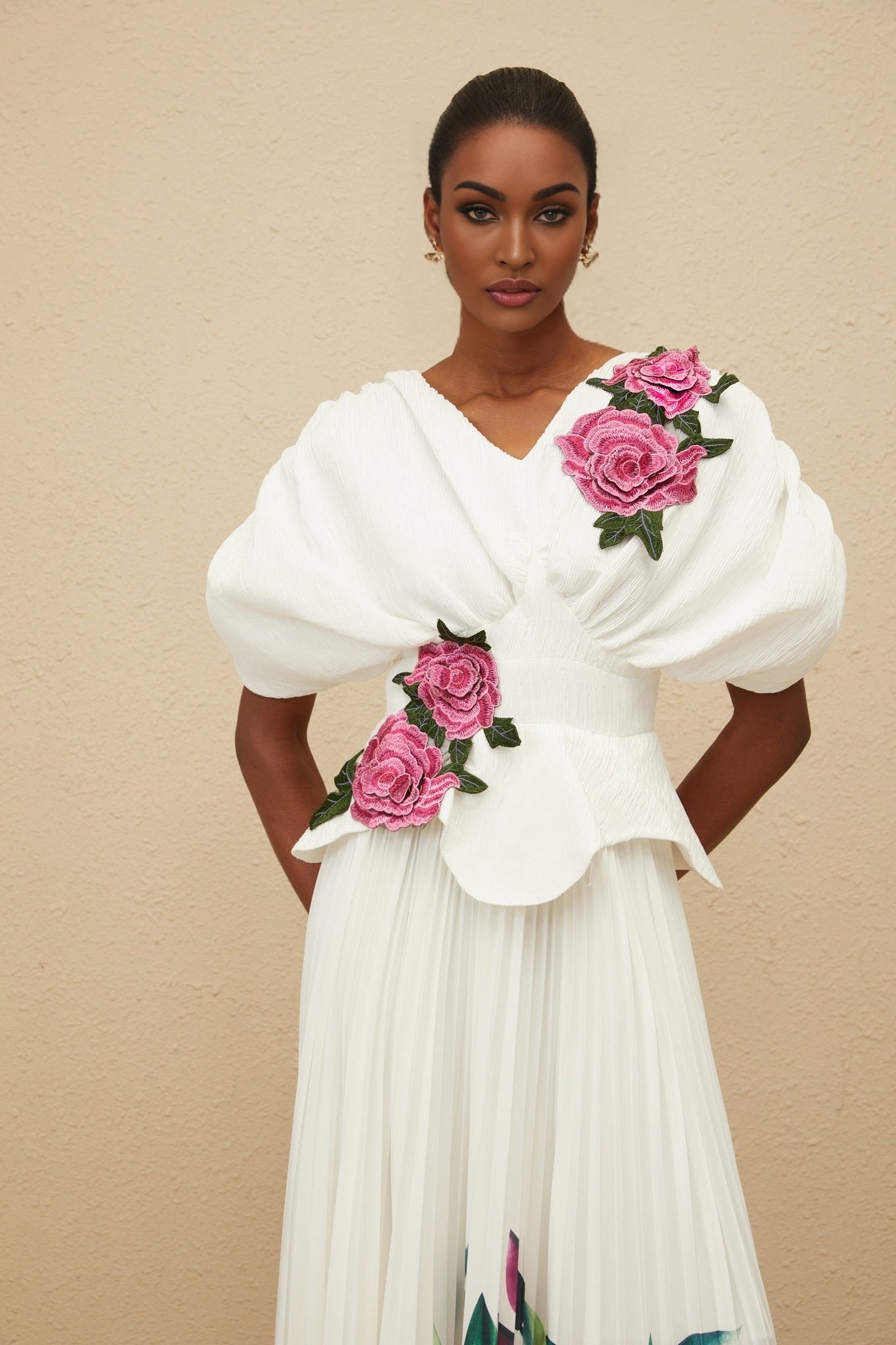 White V-neck Batwing Sleeve Floral Embroidered Top and Pleated Rose Print Maxi Skirt Set