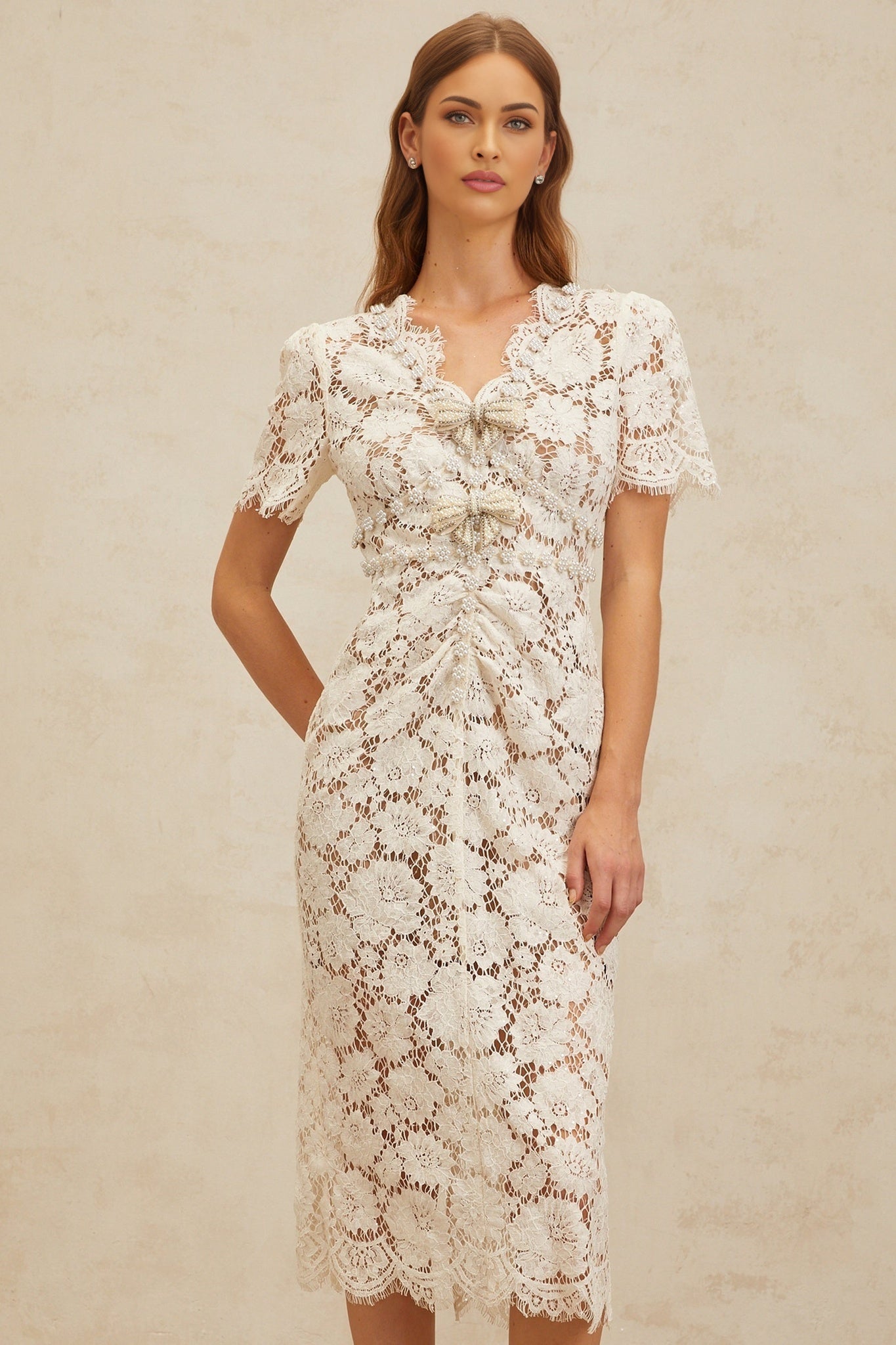 White V-Neck Glitter Detailing Bow Brooch Frayed Edge Rhinestone Bead Embellishment Midi Dress